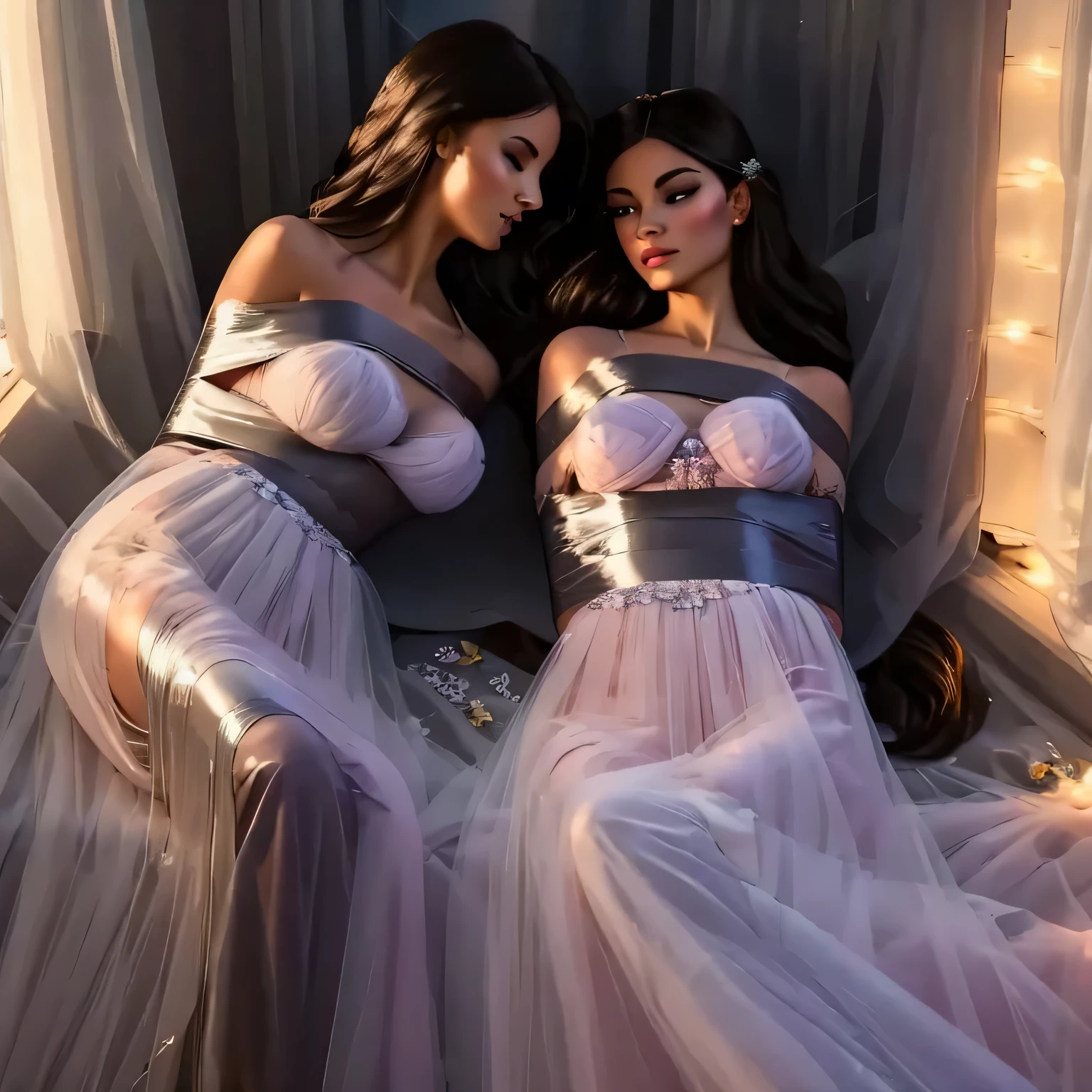 two girl captured(bright lighting,romantic setting),dreamy background,bondage,dark hair, mesmerizing gaze, , soft skin, alluring beauty, artistic portrait, high-quality image, vibrant colors,translucent silk wedding dress, mosquito net,lying down,tape bondage