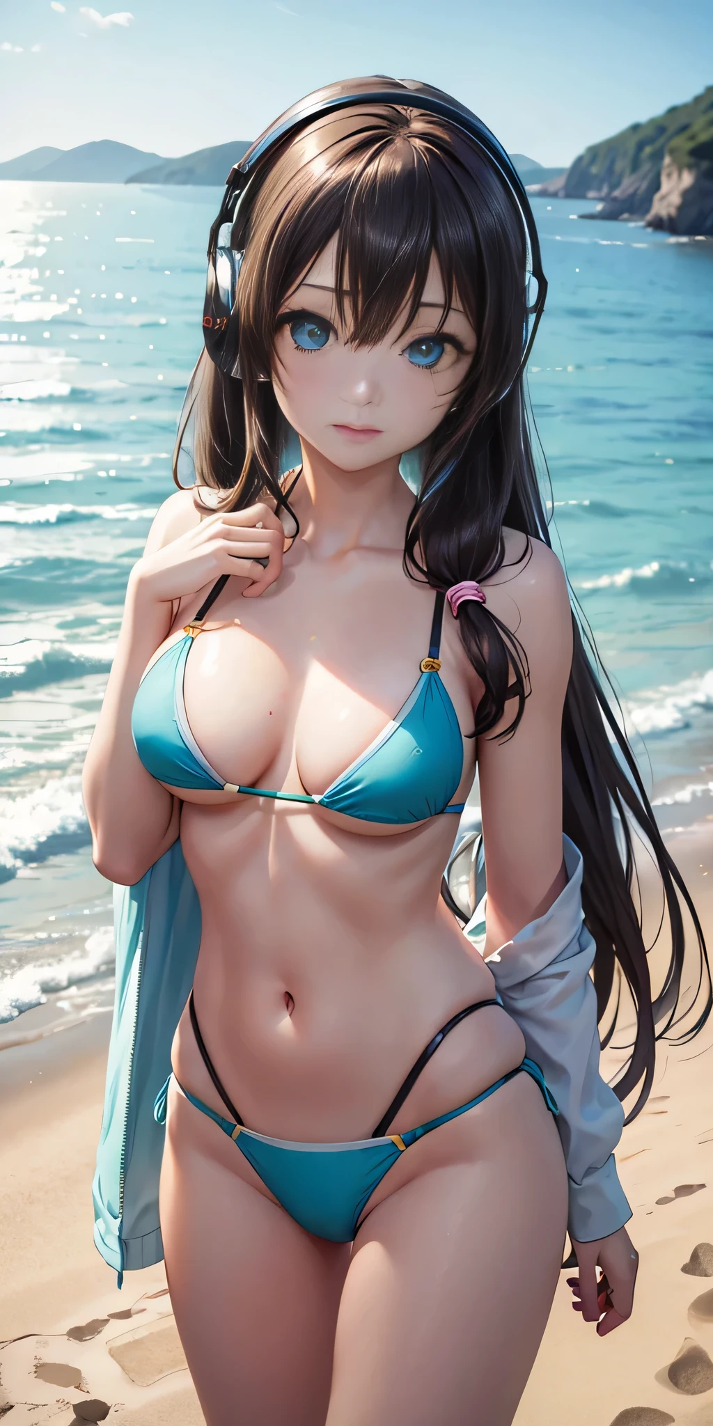 all inticate details: "(cowboy shot, full body, miku nakano, miku nakano, long hair, bangs, blue eyes, brown hair, hair between eyes, headphones, headphones around neck, nakano miku, firm breasts, medium breasts
BREAK bikini,
BREAK outdoors, beach,
BREAK looking at viewer, BREAK (masterpiece:1.2), best quality, high resolution, unity 8k wallpaper, (illustration:0.8), (beautiful detailed eyes:1.6), extremely detailed face, perfect lighting, extremely detailed CG, (perfect hands, perfect anatomy))" ,Miku nakano, ((random angle)) , 80% nude