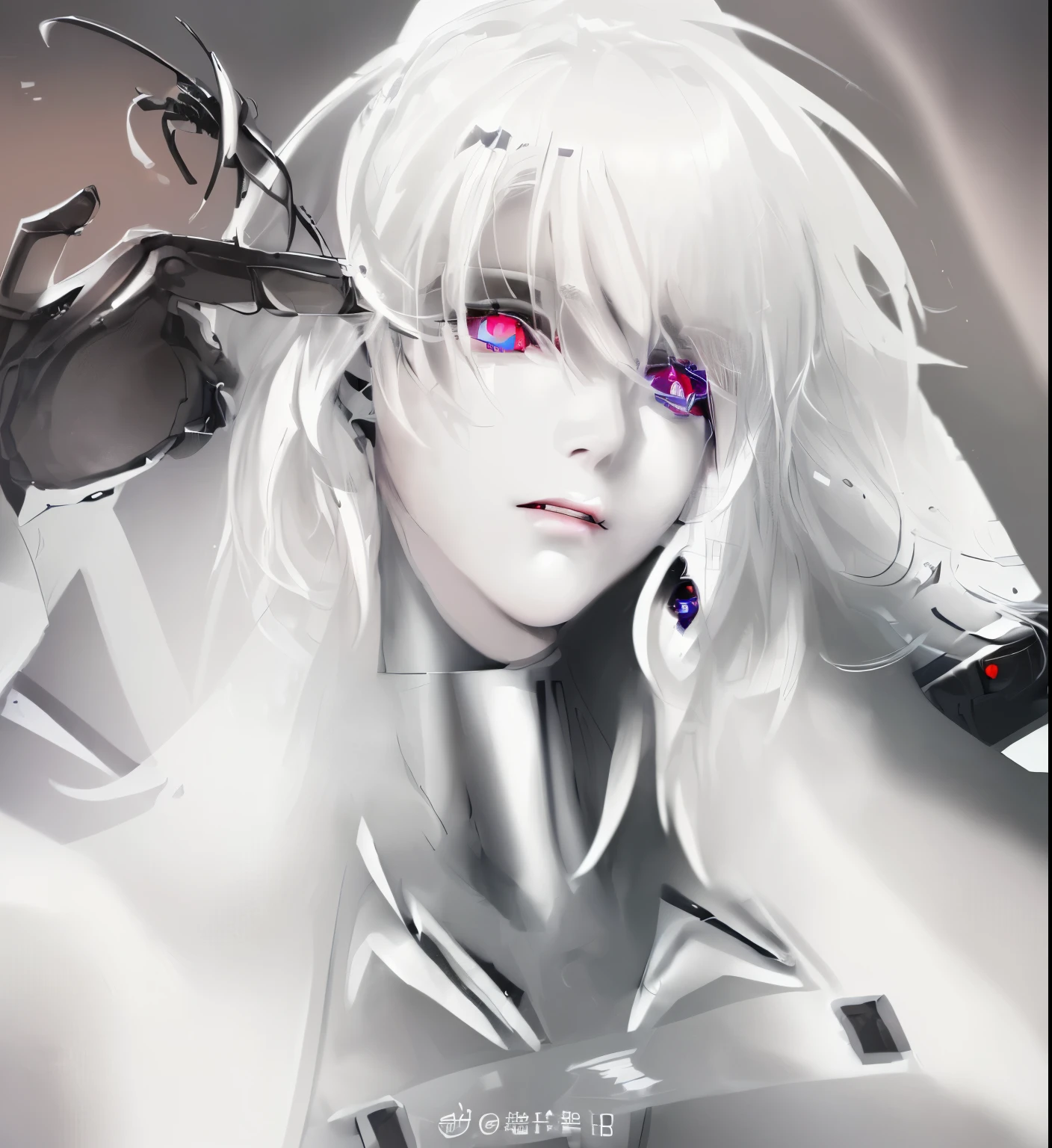 (masterpiece, best quality, ultra-detailed, best shadow), (detailed background,dark fantasy), (beautiful detailed face), (white haired beauty, robotic eyes, dead stare), (white haired beauty, robotic eyes, dead stare)