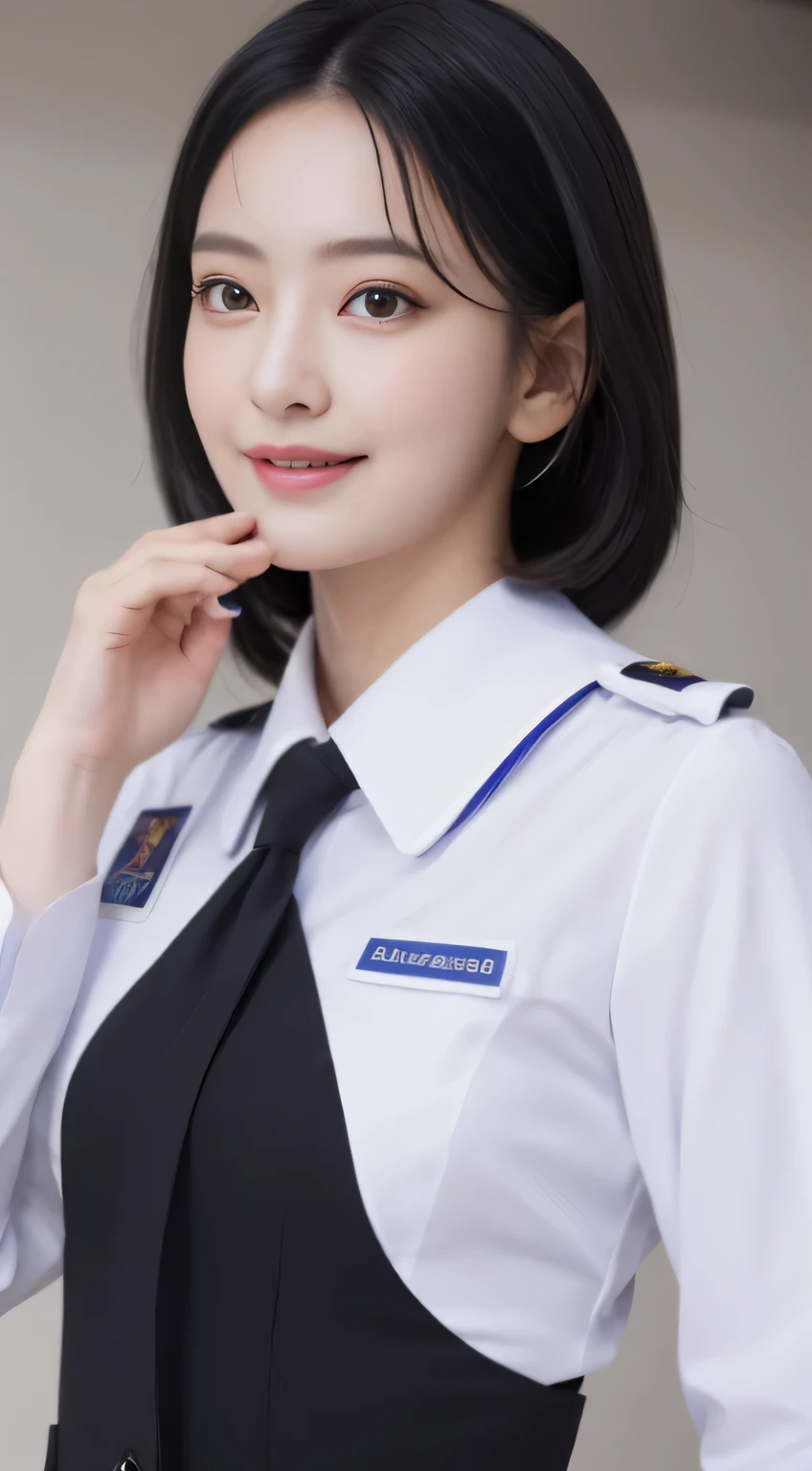 ((highest quality、8K、masterpiece:1.3))、sharp:1.2、perfect body beauty:1.4、slim abs:1.2、big、((stewardess uniform:1.3))、(airport、plane:1.2)、beautiful face、straight hair、Highly detailed face and skin texture、detailed eye、look at the camera、laughter、neat、dark eyeliner、smile、beautiful teeth and black hair、hairstyle shortcut