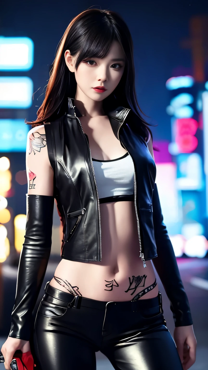 (highest quality)，masterpiece，Super detailed，8K, UHD，Beautiful woman，japanese woman，No expression，whole body，((tattoo))，slim，black leather pants，black leather vest，(female mafia)，gangster，(cyberpunk city)，night，cinematic lightening，underworld