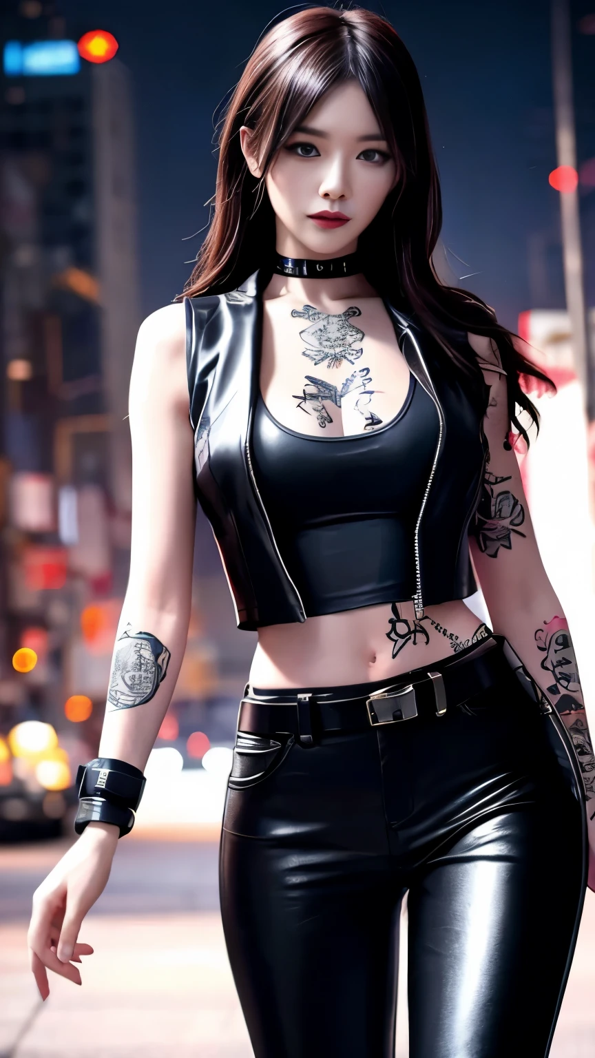 (highest quality)，masterpiece，Super detailed，8K, UHD，Beautiful woman，japanese woman，No expression，whole body，((tattoo))，slim，black leather pants，black leather vest，(female mafia)，gangster，(cyberpunk city)，night，cinematic lightening，underworld