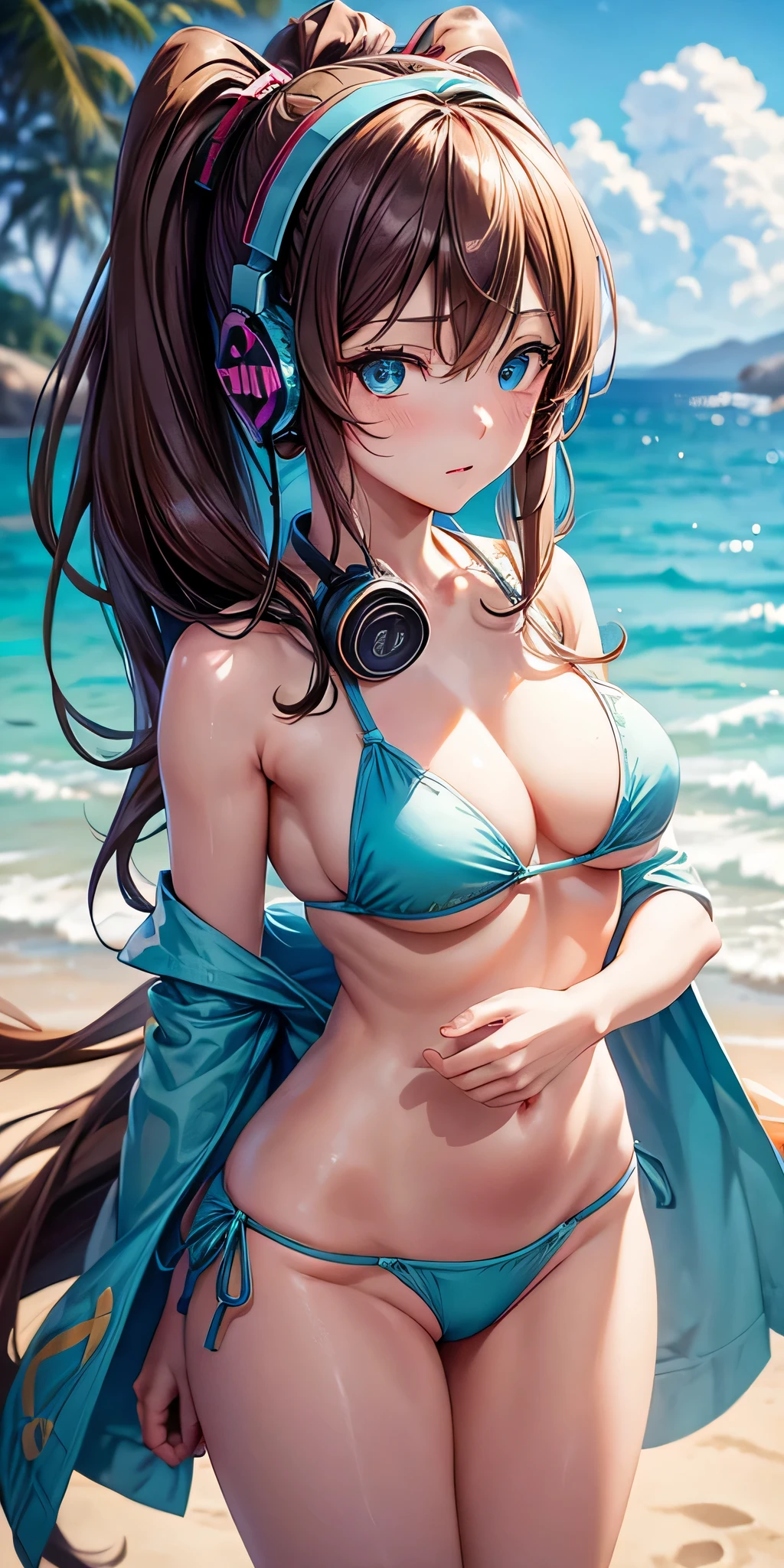 all inticate details: "(cowboy shot, full body, miku nakano, miku nakano, long hair, bangs, blue eyes, brown hair, hair between eyes, headphones, headphones around neck, nakano miku, firm breasts, medium breasts
BREAK bikini,
BREAK outdoors, beach,
BREAK looking at viewer, BREAK (masterpiece:1.2), best quality, high resolution, unity 8k wallpaper, (illustration:0.8), (beautiful detailed eyes:1.6), extremely detailed face, perfect lighting, extremely detailed CG, (perfect hands, perfect anatomy))" ,Miku nakano, ((random angle))