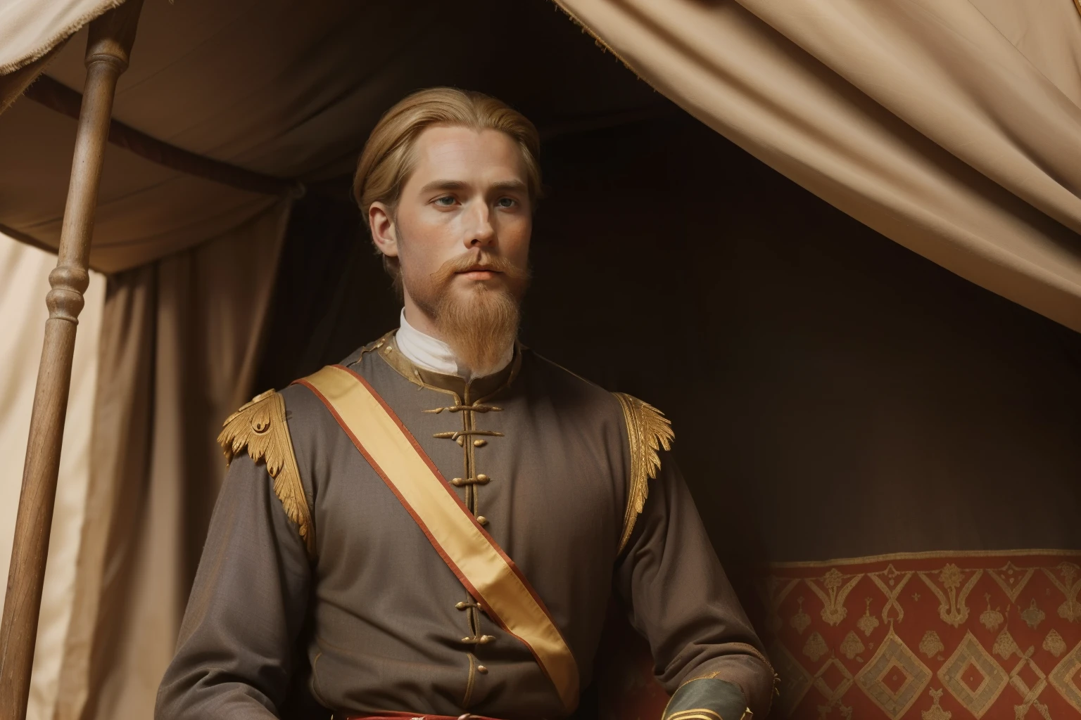France, 1346. ((((33-year-old)) King Edward III)), Tall and handsome, in his war tent. ((((clothings from the 1340s)))), ((strawberry blond hairstyle of the 1340s))