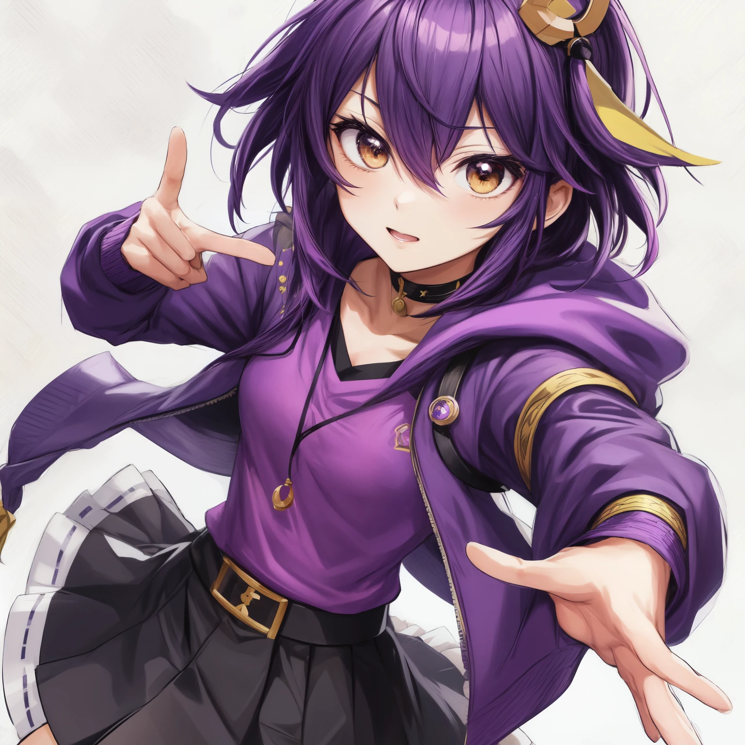 chica anime with purple hair and a purple top and black skirt, anime moe art style, marin kitagawa fan art, estilo anime 4k, (chica anime), retrato, caballeros del zodiaco, , mejor chica anime, arte detallado del personaje de anime, cute chica anime, high quality anime art style, young chica anime, with the index finger, attractive chica anime, impacto de ayaka genshin