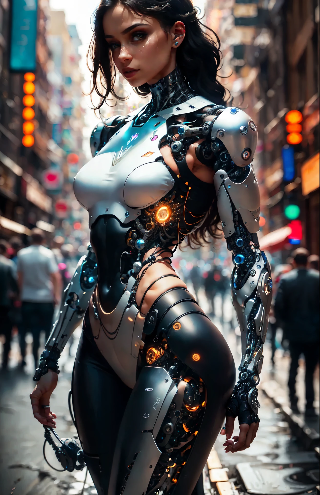 Female cyborg walking down the street in a crowd of people in the big city, defile show, high quality, best quality, absurdres, masterpiece, beautiful, intricate details, 1/2 body crop, slim body, beautiful figure, magnificent anatomy, (intricate details:1.12), HDR, (intricate details, hyper-detailing:1.15), (natural skin textures, hyper realisitc, soft light, Sharp:1.2)
