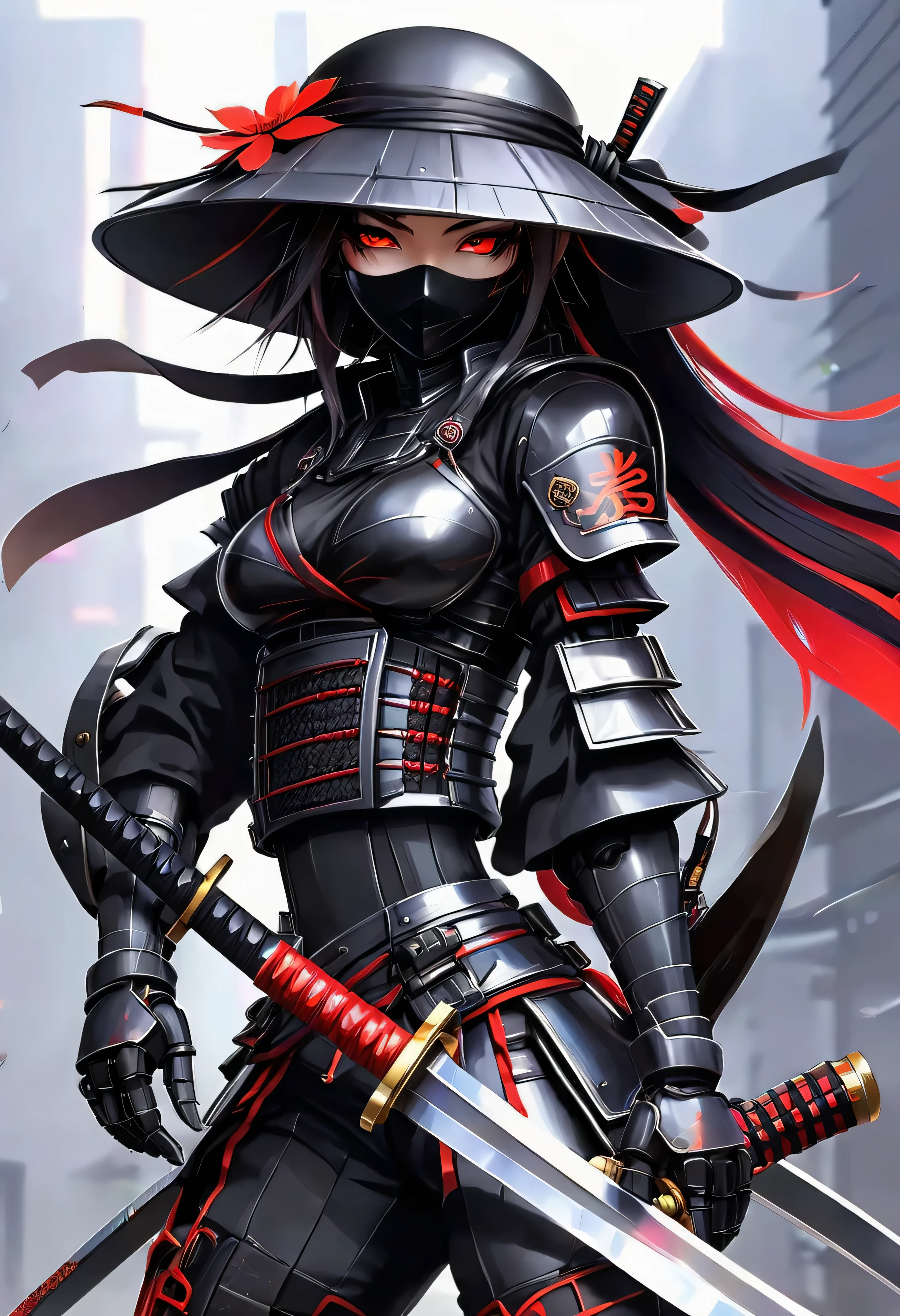 A robot girl in a ninja outfit with a samurai hat with two swords and a red eye 