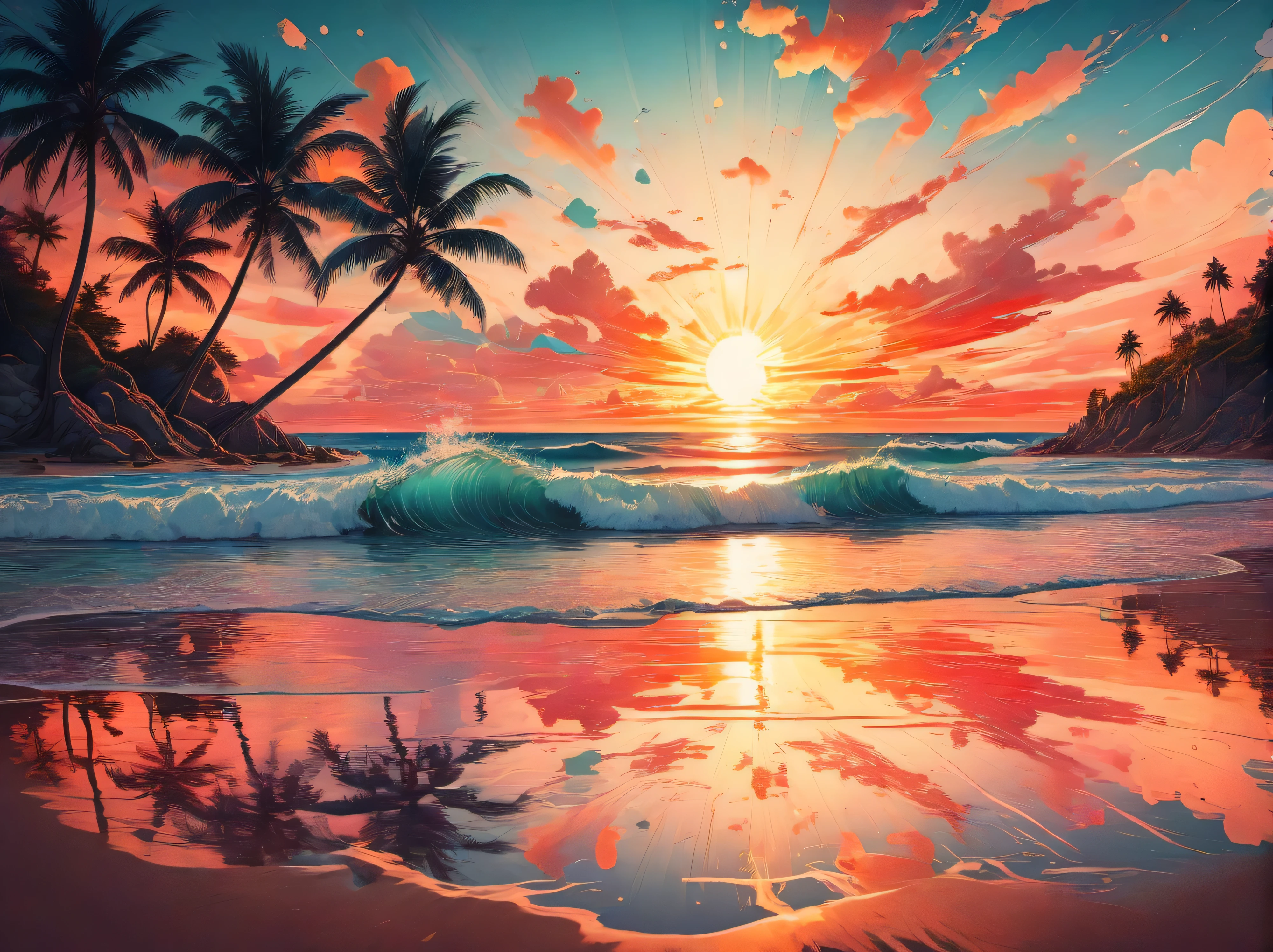 illustration, linda praia, oceano, ondas, water reflection, Summer, Sunset
