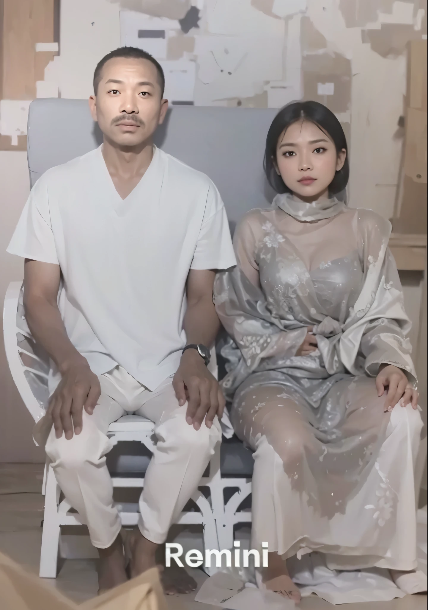 (((Masterpiece: 1.5, Best Quality, High Resolution: 1.3, Super Resolution, Super Detail, Super Detail: 1.3, Rich Background: 1.2))), Two Indonesian people, a 45-year-old man wearing a white shirt, dark skin, and a 40-year-old woman wearing a yellow Javanese kebaya and batik sarong. Sitting on a chair, abstract background.