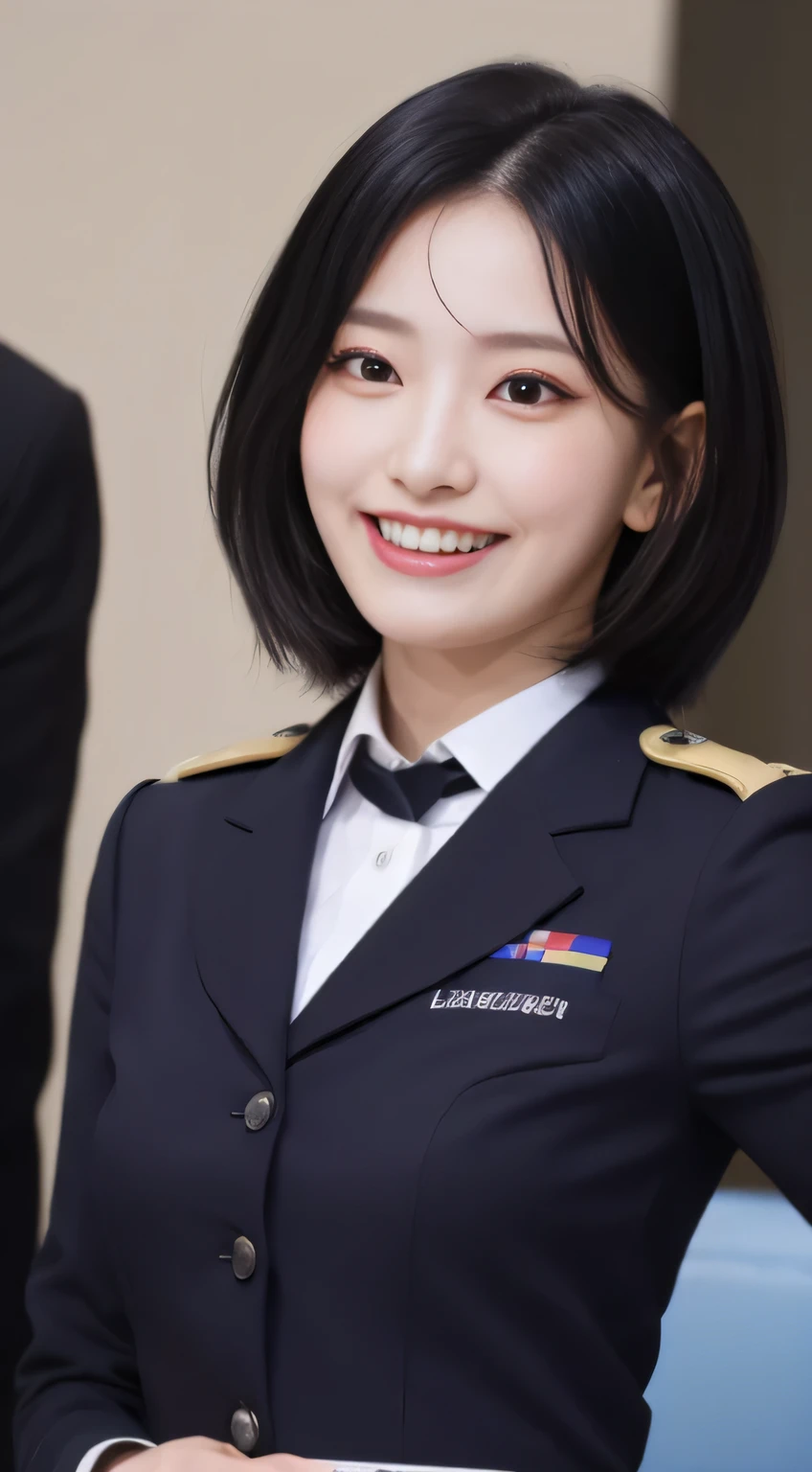 ((highest quality、8K、masterpiece:1.3))、sharp:1.2、perfect body beauty:1.4、slim abs:1.2、big、((stewardess uniform:1.3))、(airport、plane:1.2)、beautiful face、straight hair、Highly detailed face and skin texture、detailed eye、look at the camera、laughter、black hair、hairstyle shortcut、dark eyeliner、smile、beautiful teeth