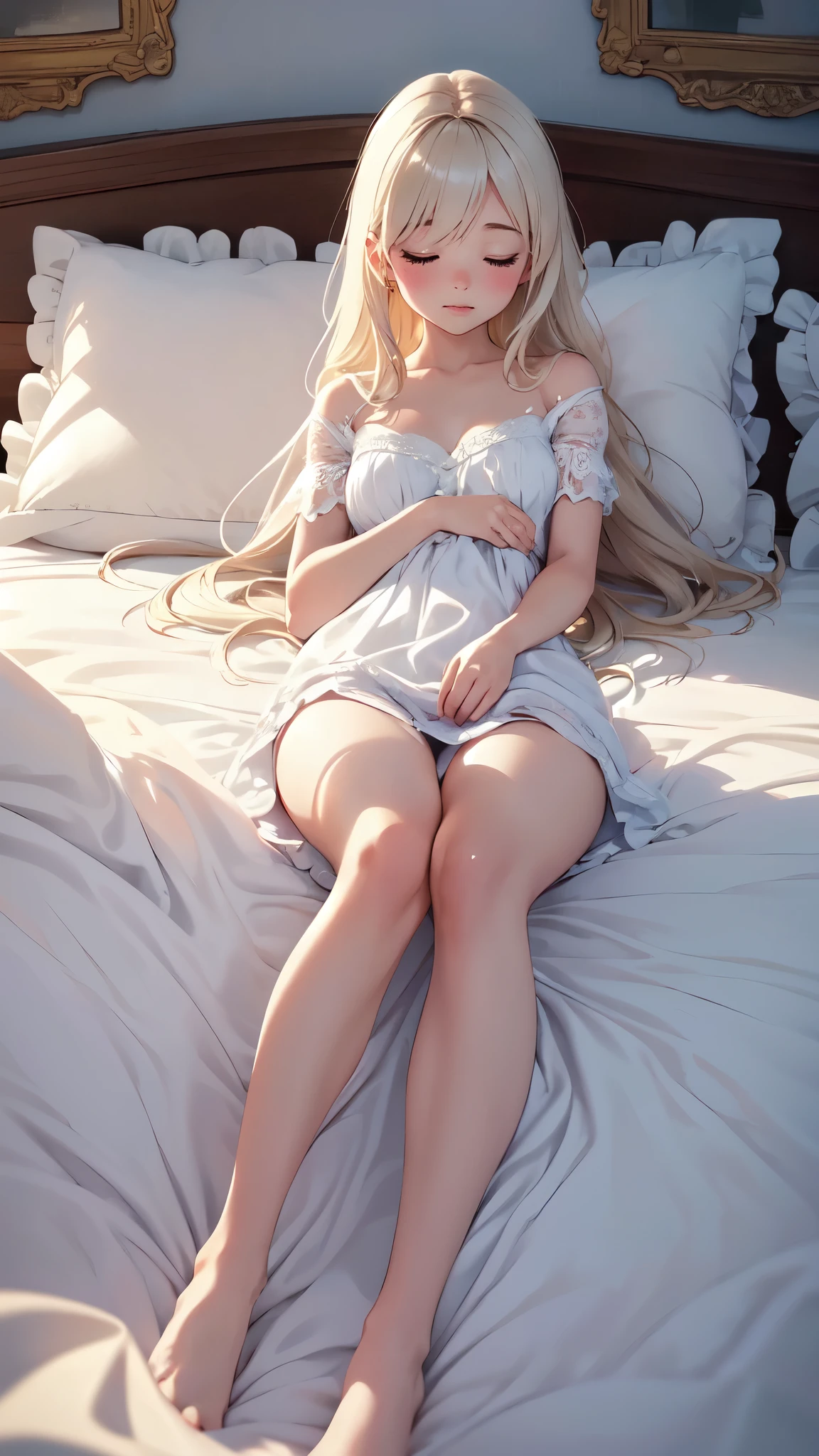 ultra-detailed,(realistic,photorealistic,photo-realistic:1.37),White yarn,A white yarn doll with detailed face, hands, and eyes, featuring a full body, is lying in bed.,[soft lighting],[pastel colors],cozy environment,dreamy atmosphere,happy expression,playful pose,imaginative setting,fine craftsmanship,soft and delicate texture,lovely patterns,subtle shadows,tender emotions,comfortable bedding,cute and adorable,charming presence,peaceful background,pure and innocent ambiance,gentle touch,magical aura,harmonious composition,elegant simplicity,impeccable details,relaxing mood,serene atmosphere,tranquil vibes,warm tones,whimsical artistry,childhood memories,magical dreamscape,mindful relaxation,sweet dreams,soothing experience,fairy tale-like scenario