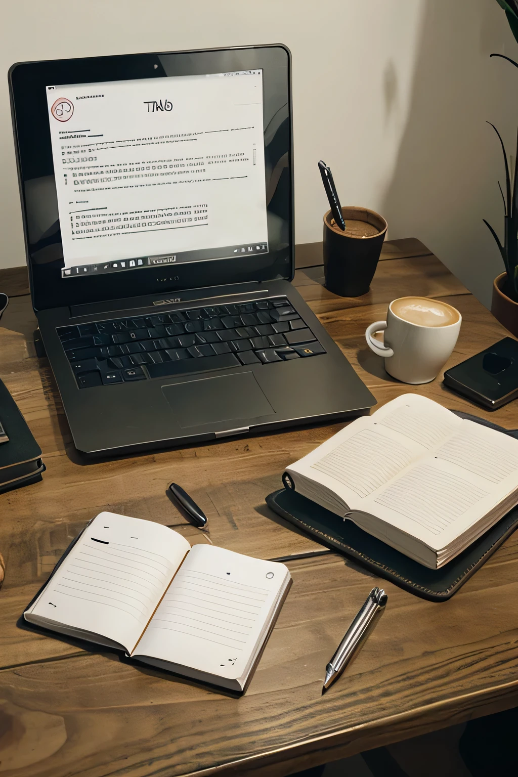 Imagen de fondo: A tidy work table with a laptop., un celular, a notebook and pens, a cup of coffee and some organized documents.