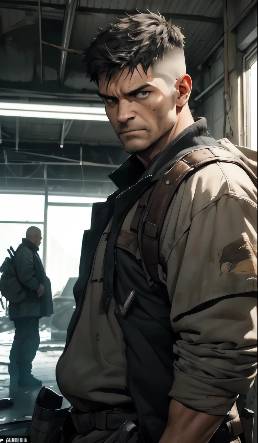  a middle-aged man with a robust, athletic build. He has an appearance marked by his experience as a hunter in a post-apocalyptic world., displaying scars and signs of difficult experiences throughout their survival journey. His facial expression reflects his determination and the emotional charge he carries due to the events he witnessed. And he is represented with a firm posture and a striking presence, reflecting your ability to impose yourself in challenging situations. Their physical appearance is a visual reflection of the toughness and resilience required to survive in a world ravaged by the pandemic and the disintegration of society..