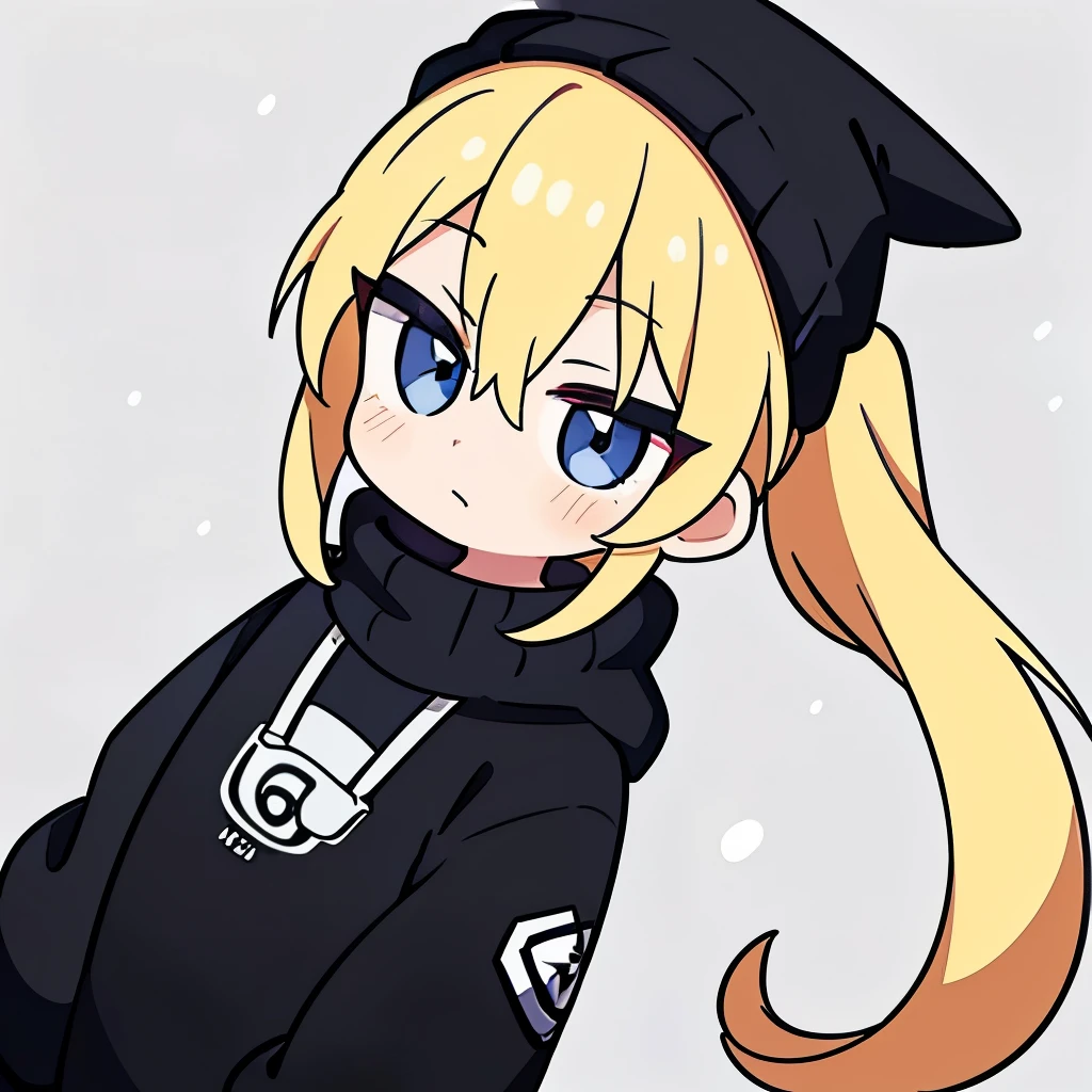  a teenager, with a blonde, pony tail wearing a black beanie, with a bull ring, and eye lashes, wearing a black hootie with white stripes on both sleeves, on a snowy day