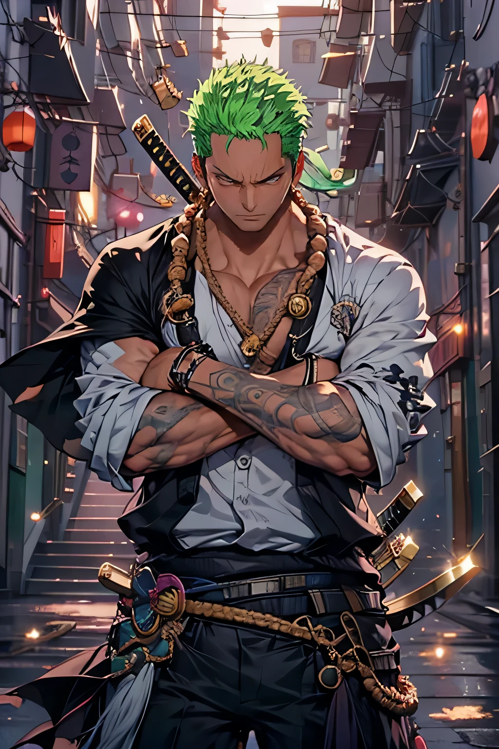 Zoro, sozinho, Olhando para o Viewer, sorrir, short hair, olhos vermelhos, 1st grade, propriedade, jewelries, parte superior do corpo, arma, Foco masculino, Brincos, Roupas japonesas, cabelos verdes, Chifres, espada, quimono, segurando arma, de lado, tatuagem, brilhante, cicatriz, segurando espada, Katana, cicatriz no rosto, cicatriz no olho, Detailed muscle physique, photorealistic representation, 4k resolution. Background Story: Dojo de artes marciais,UHD 32k, melhor qualidade, master part, Super Detalhe, Detalhes altos, ((strong man)).