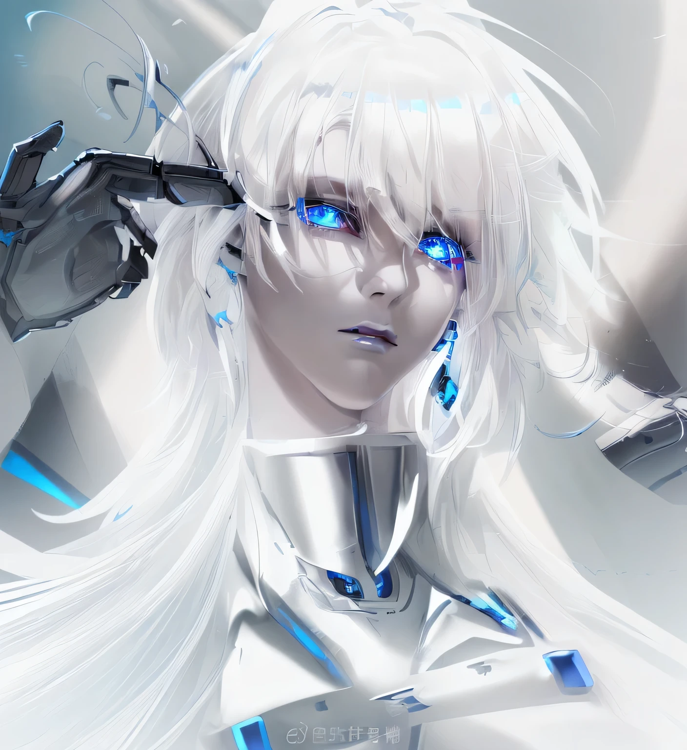 (masterpiece, best quality, ultra-detailed, best shadow), (detailed background,dark fantasy), (beautiful detailed face), (white haired beauty, robotic eyes, dead stare), (white haired beauty, robotic eyes, dead stare, irate blue eyes, blue eyes, aura)