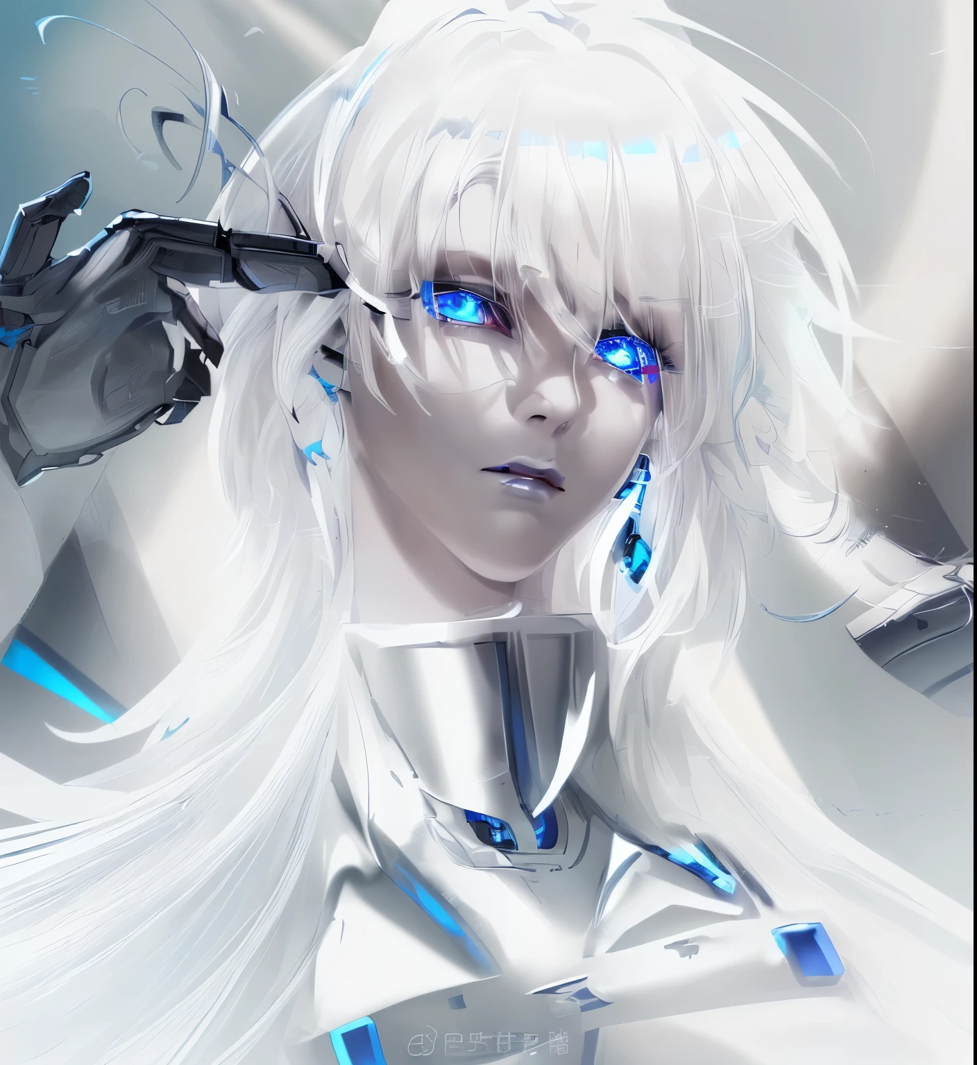 (masterpiece, best quality, ultra-detailed, best shadow), (detailed background,dark fantasy), (beautiful detailed face), (white haired beauty, robotic eyes, dead stare), (white haired beauty, robotic eyes, dead stare, irate blue eyes, blue eyes, aura)