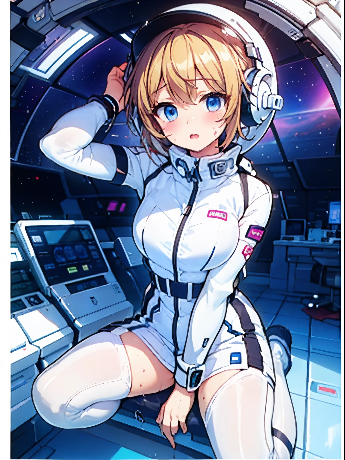 very detailed、(Futuristic spaceship interior):1.5、人妻1 person，short bob，golden hair,(space helmet):5, (white space suit):1.5、body suit、(Diapers):1.5,big breasts，breast bumps，excretion of breast milk，Feeling，Show off your perfect legs，Shyness in the face，Sweat、The Diapers is wet、desire for dissatisfaction，Masseter muscle part、, Highest_quality, 1 person, alone、open your legs、open your legs、please open your knees、embarrassing、blush、Bedroomasturbation、Sweatでいっぱい、wet Diapers、sexual excitement、masturbation、,Put her hand inside her panties、headphones,(liquid、scale):0.3、It was scary、teardrop,BREAK red nose blush:1.3,astrovest:5