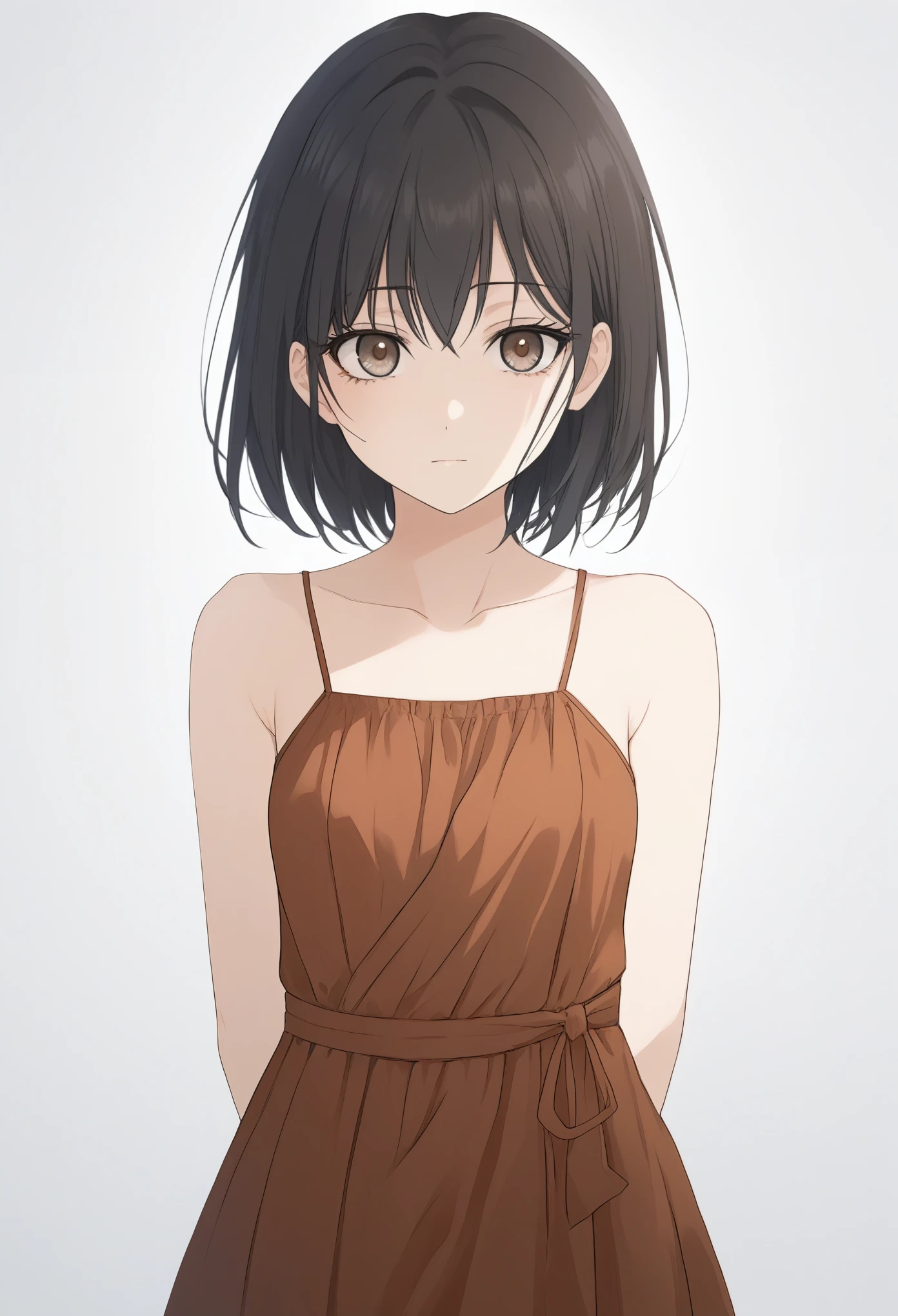 source_anime, score_9, beautiful artstyle, award-winner anime, 1girl, small breasts, young girl, black hair, long hair, grey eyes, burn scar, scar, innexpressive, bags under eyes, brown dress, sundress, upper body, looking at viewer, white background, simple background, professional art, (((Ultra-HD-quality-details)))