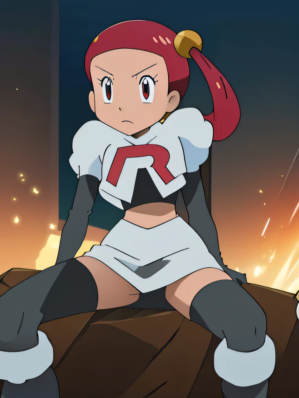 (best quality, 4k, 8k, highres, masterpiece:1.2), team rocket uniform, red letter R, white skirt, white crop top, black thigh-high boots, black elbow gloves, spread legs, black panties, anime style, vivid colors, sharp focus, intense lighting