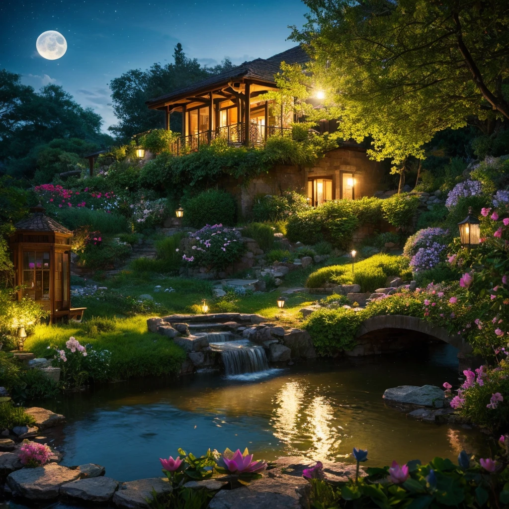 A beautiful girl in a moonlit garden, standing gracefully on a delicate moonbeam bridge. Her eyes, mesmerizing and luminous, reflect the soft glow of the moon. Her lips, tenderly curved with an alluring smile, add an enchanting touch to her face. Her long eyelashes flutter gently with each delicate movement. The artwork is created using a combination of illustration and oil painting techniques, bringing together the ethereal beauty of the scene. The moonlight casts a soft, dreamlike glow over the surrounding landscape, enhancing the feeling of tranquility and mystery. The garden itself is meticulously detailed, with exotic flowers blooming in vibrant hues. There are small ponds with lotus flowers, their leaves floating gracefully on the still water. The scent of jasmine lingers in the air, adding to the enchanting ambiance. The image is of the highest quality, with exquisite details showcased in 4K resolution. Every brushstroke and intricate detail is captured, making it a true masterpiece. The colors are vivid and vibrant, bringing life and depth to the scene. The lighting is carefully crafted, with a focus on creating a soft, moonlit atmosphere. This artwork embodies a portrait style, capturing the essence of serenity and beauty. The color palette is dominated by cool tones, with soft shades of blue and silver, evoking the tranquil ambiance of a moonlit night. In summary, this prompt generates an exquisite artwork featuring a girl in a moonlit garden. The artwork combines illustration and oil painting techniques to create a dreamlike scene, illuminated by the soft glow of the moon. The focus is on the girl's captivating eyes and lips, as well as the meticulously detailed garden. The image is of the highest quality, with vivid colors and a serene color palette. Overall, the artwork captures the beauty and tranquility of a moonlit night.