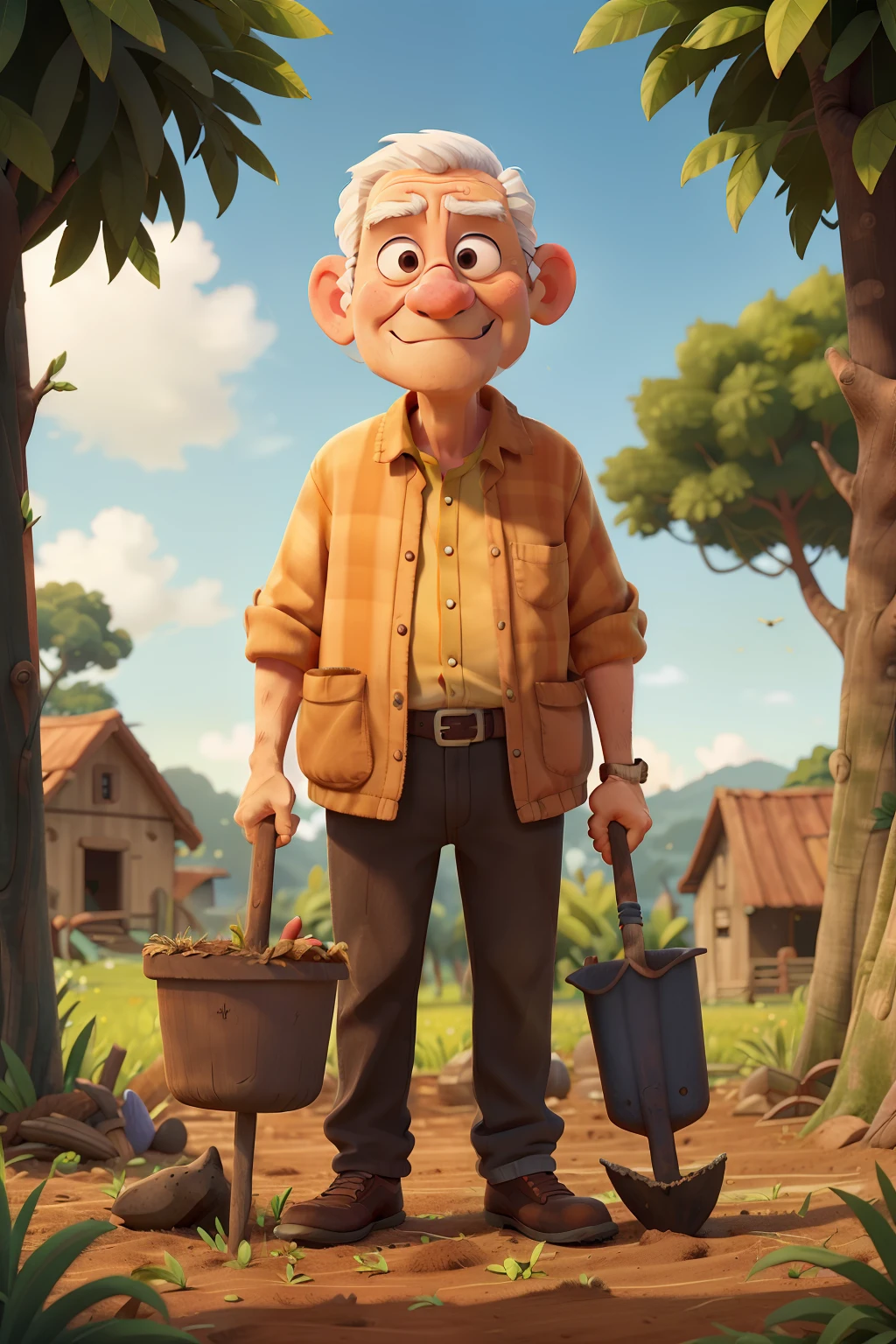 Make an image that illustrates, in cartoon form, an elderly man weeding with a hoe in a typical Brazilian farming scenario.