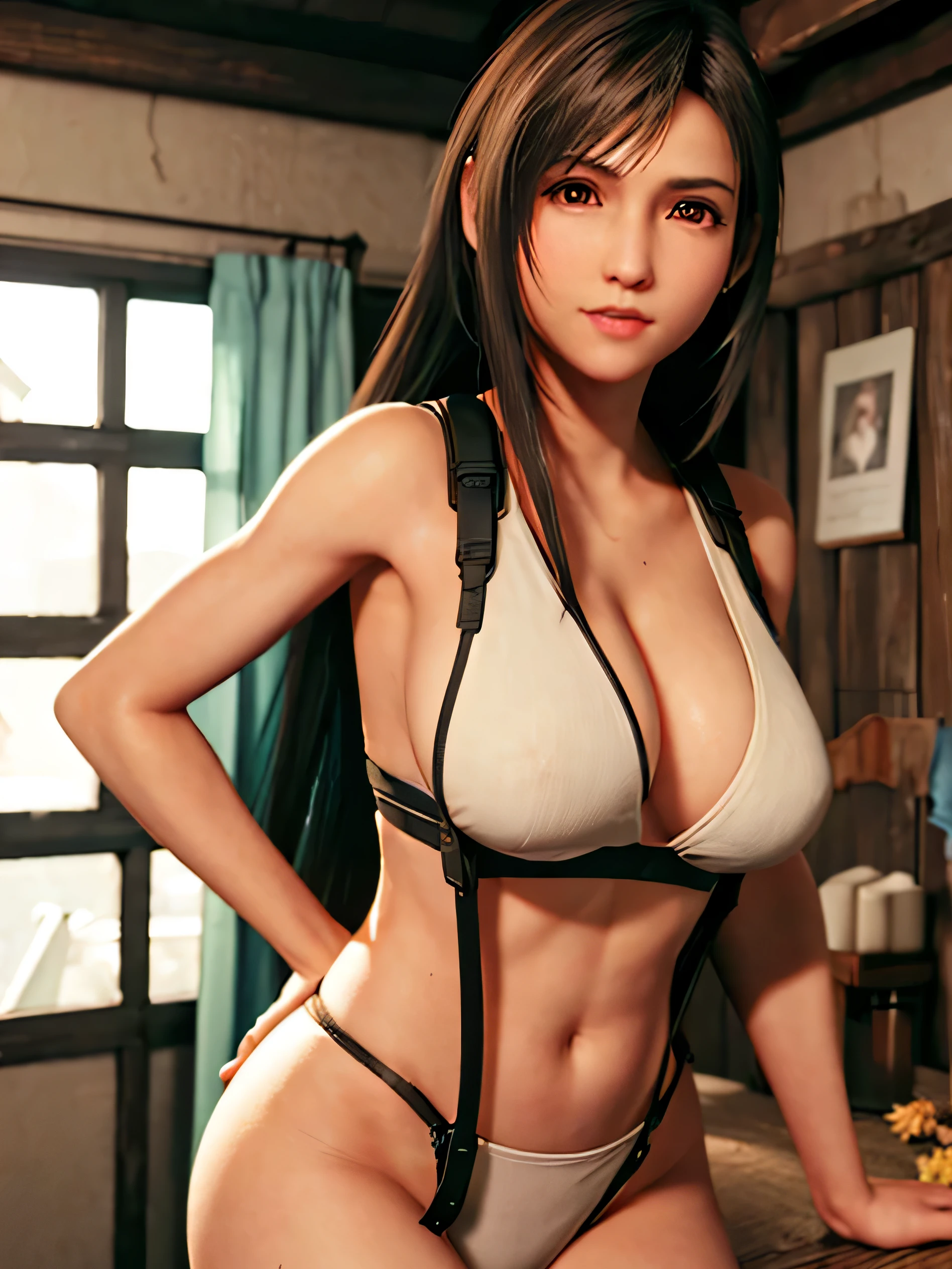 tifa, semidesnuda, Sujetador diminuto, en ropa interior de encaje con dibujitos, pose sensual, culo redondo, big breasts and light brown eyes. 8K, mejor calidad, obra maestra: 1.2