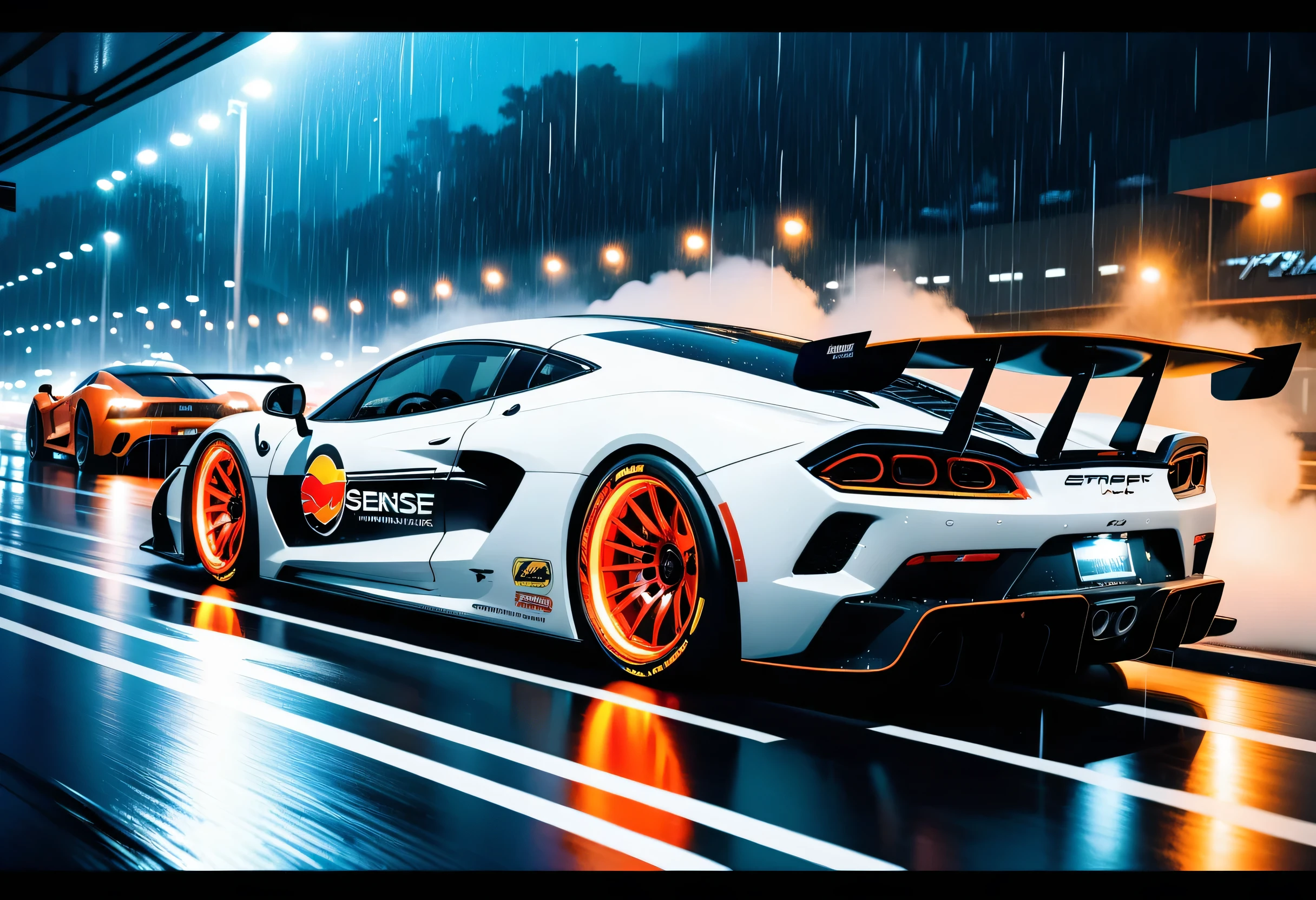 Awe-inspiring and spectacular racing cars, black and orange car paint, A team sticker with a design inspired by a stingray is attached to the car body., every delicate detail and small detail, speed line effect coating, fantastic realism, Illustration of heavy rain scene at night, pale white car lights, Stylish with a sharp white chassis, red glowing wheels, full smoke window, fancy sponsor stickers, movie angle and lighting, Detailed 32K rendering,