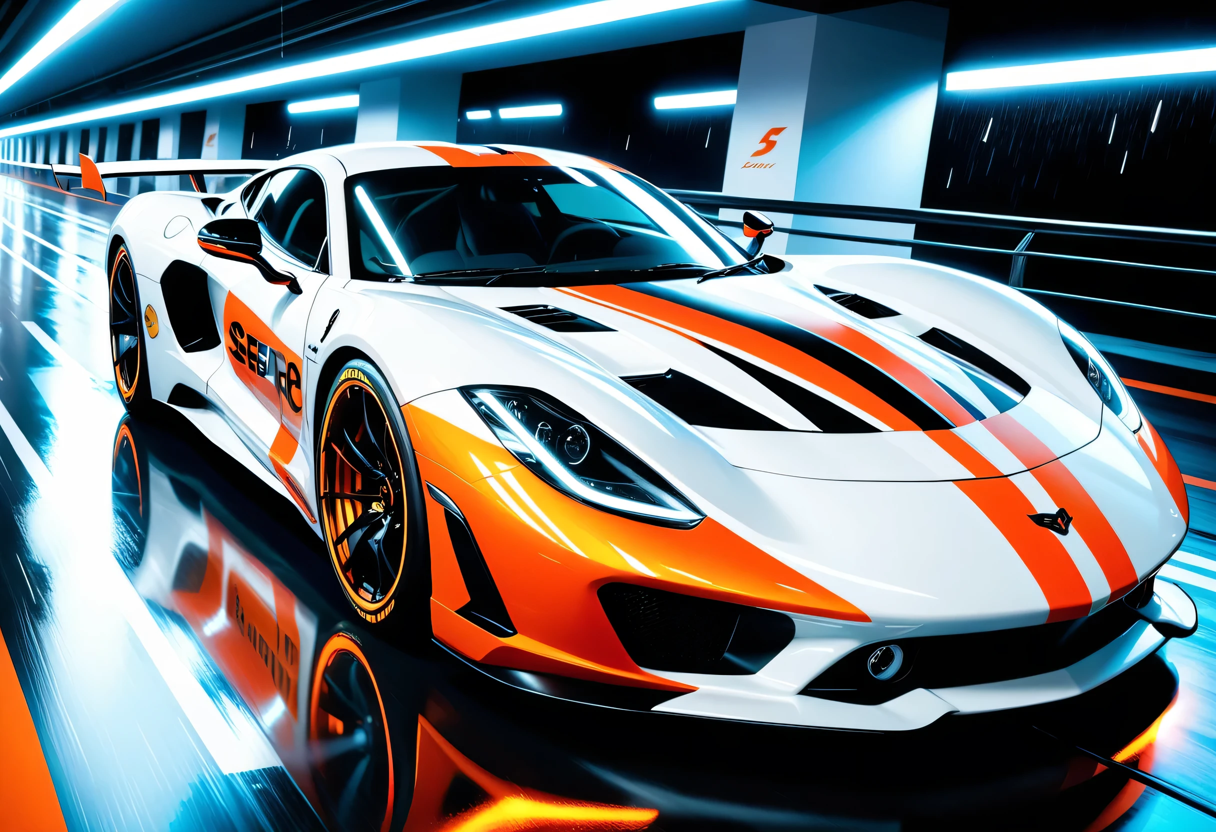 Awe-inspiring and spectacular racing cars, black and orange car paint, every delicate detail and small detail, speed line effect coating, fantastic realism, Illustration of heavy rain scene at night, pale white car lights, Stylish with a sharp white chassis, red glowing wheels, full smoke window, fancy sponsor stickers, movie angle and lighting, Detailed 32K rendering,
