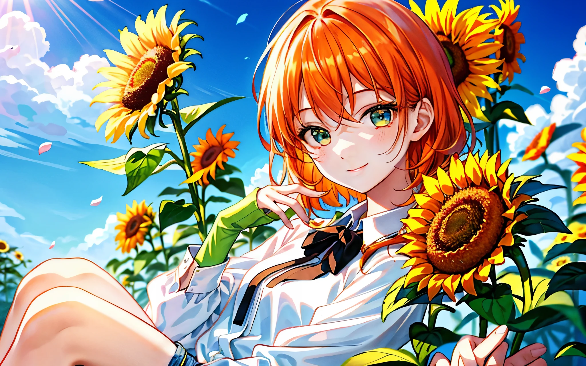 highest quality、perfect face、very detailed、very delicate、男alone, detailed face、golden ratio face、Gentle sunlight falls on my face,white collared shirt、ブルーのshorts、shorts、jeans、summer、Sunflowers are in full bloom、orange hair、medium hair、center division、green eyes、alone、fine eyes、detailed background、smile、take a look here、petal、blue sky、High level image quality、delicate fingers and hands、whole body、upright