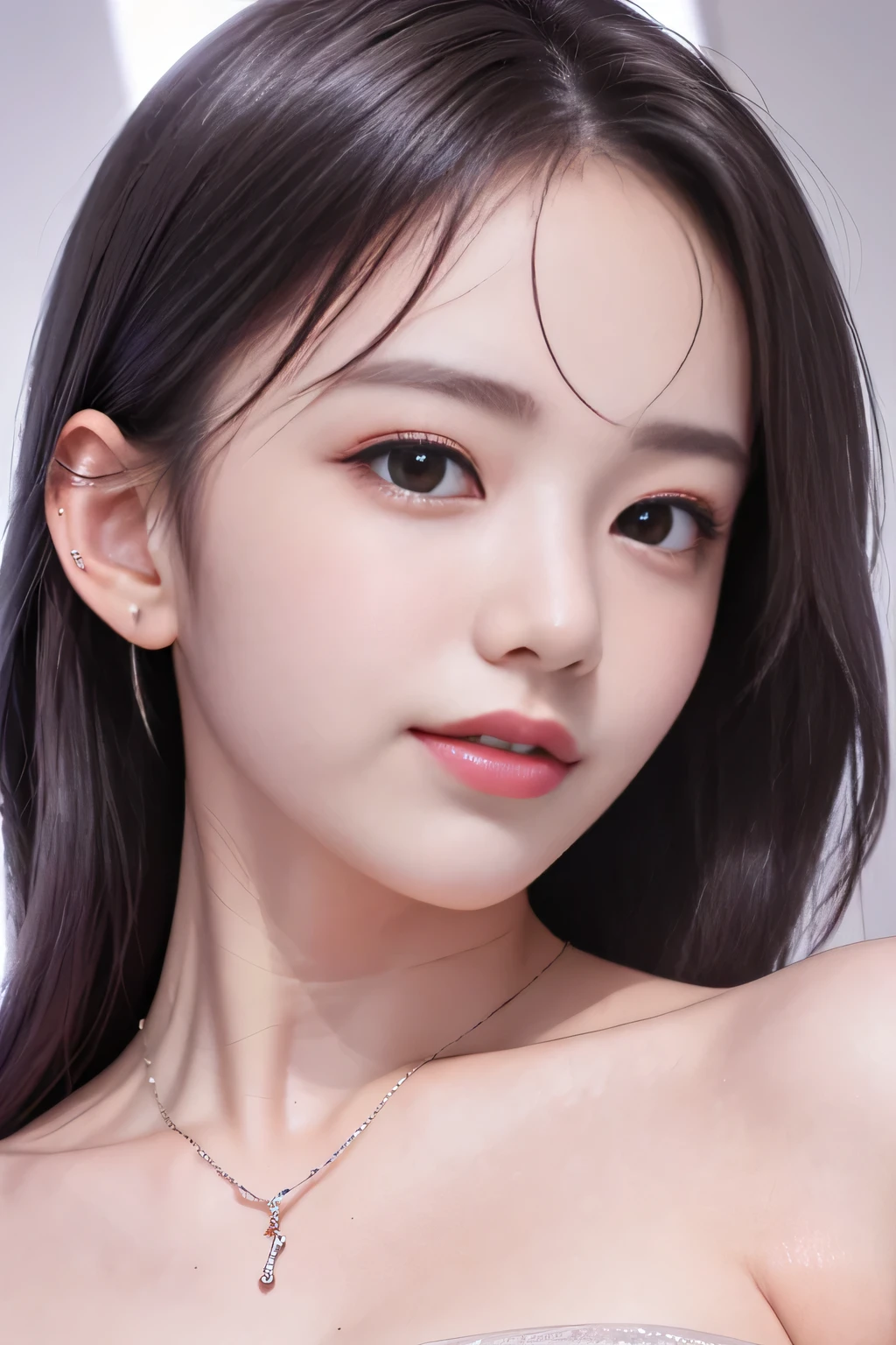 best quality people、masterpiece、ultra high resolution、realistic、1 girl、glowing skin、((超realistic詳細))、global illumination、8K、、very intricate details、realistic light、shining eyes、ultra-thin transparent lace,black hair、dark eyeliner、ear piercing、necklace around neck、smile、beautiful teeth