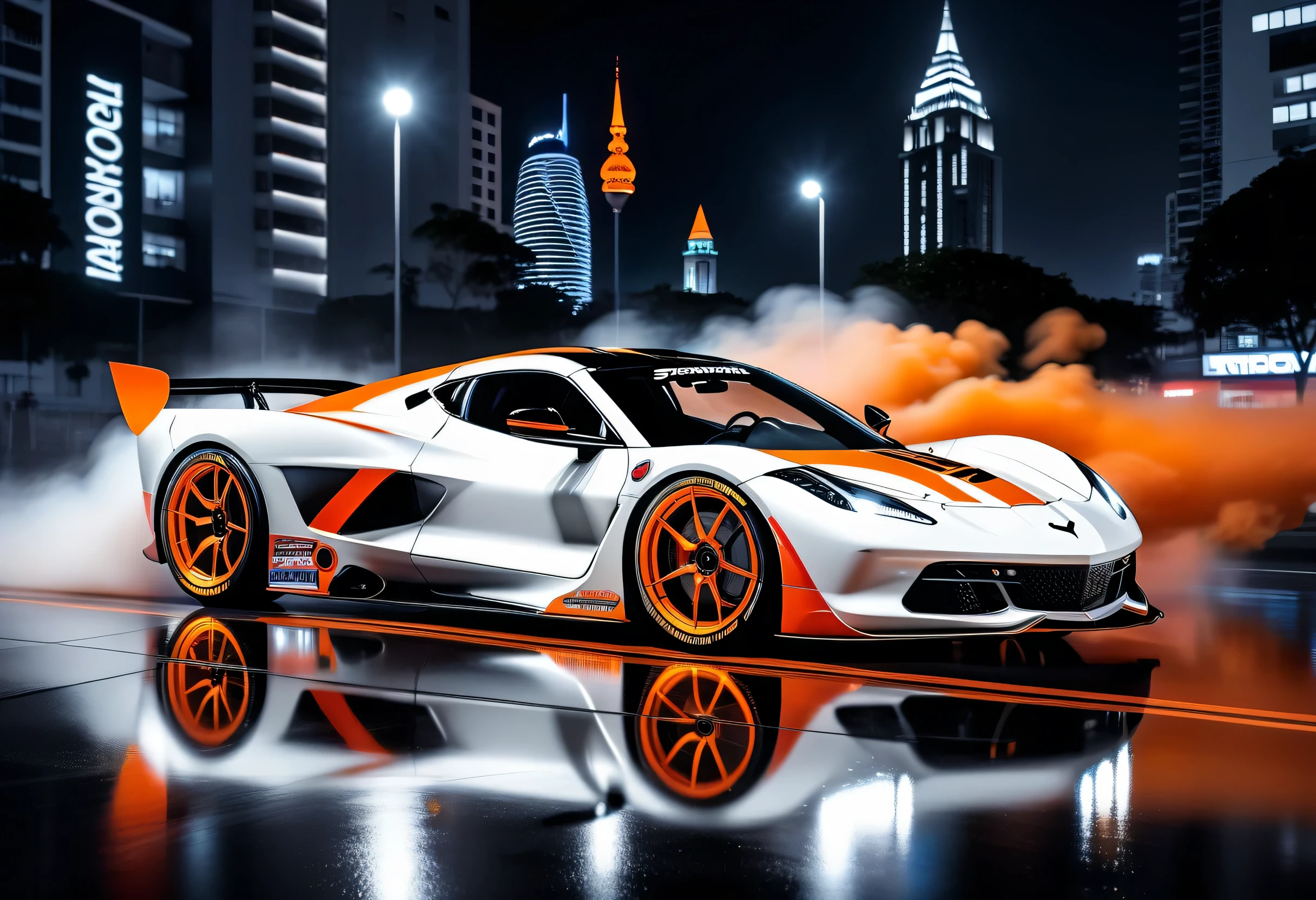 Awe-inspiring and spectacular racing cars, black and orange car paint, A team sticker with a design inspired by a stingray is attached to the car body., every delicate detail and small detail, speed line effect coating, fantastic realism, Illustration of heavy rain scene at night, pale white car lights, Stylish with a sharp white chassis, red glowing wheels, full smoke window, fancy sponsor stickers, movie angle and lighting, Detailed 32K rendering,