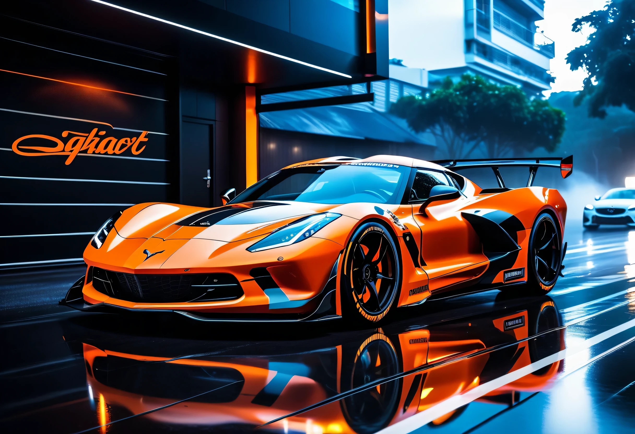 Awe-inspiring and spectacular racing cars, black and orange car paint, A team sticker with a design inspired by a stingray is attached to the car body., every delicate detail and small detail, speed line effect coating, fantastic realism, Illustration of heavy rain scene at night, pale white car lights, Stylish with a sharp white chassis, red glowing wheels, full smoke window, fancy sponsor stickers, movie angle and lighting, Detailed 32K rendering,