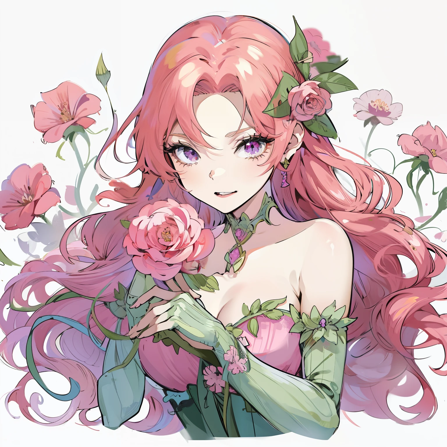 Chica anime con cabello rosado y vestido verde sosteniendo una rosa., diosa de las flores, reina de las flores, *********** elfa con un traje de flores, reina de las flores, diosa de la naturaleza, Hermosa mujer anime, diosa de la primavera, hermosa y seductora mujer anime, hermosa chica anime, persephone in spring, very warm, animated illustration, retrato, caballeros del zodiaco, , anime fantasy illustration