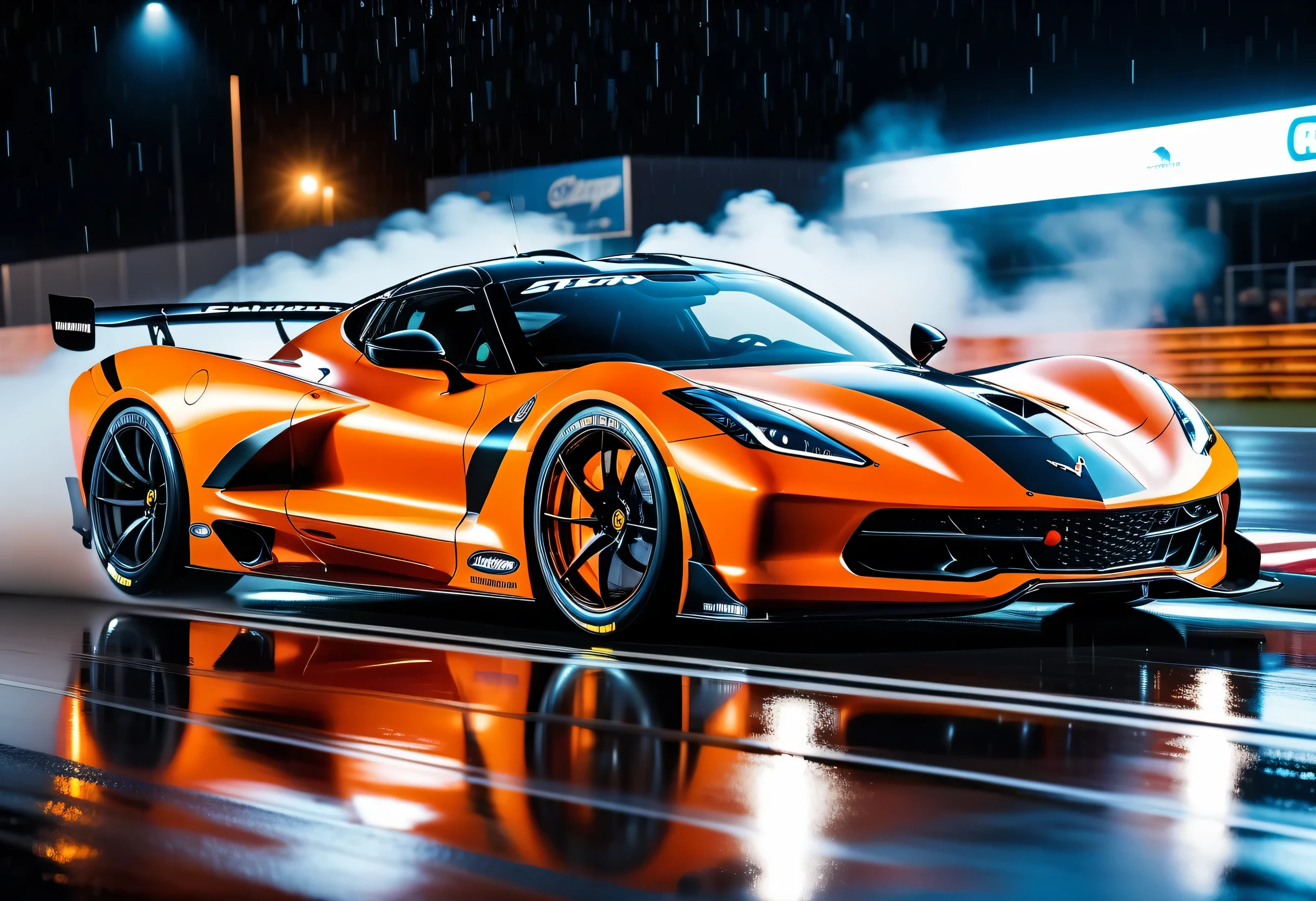 Awe-inspiring and spectacular racing cars, black and orange car paint, A team sticker with a design inspired by a stingray is attached to the car body., every delicate detail and small detail, speed line effect coating, fantastic realism, Illustration of heavy rain scene at night, pale white car lights, Stylish with a sharp white chassis, red glowing wheels, full smoke window, fancy sponsor stickers, movie angle and lighting, Detailed 32K rendering,