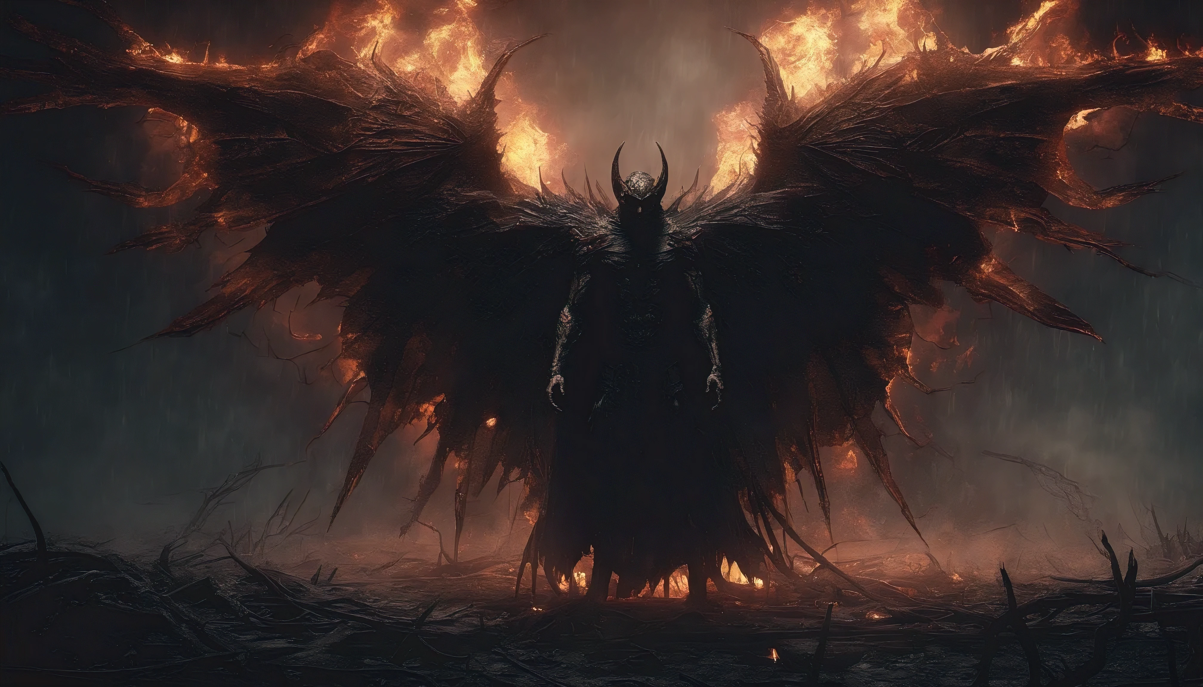a fallen angel, detailed dark angel, detailed demonic features, dark wings, glowing halo, dramatic lighting, moody atmosphere, cinematic composition, muted color palette, chiaroscuro lighting, detailed feathers, intricate patterns, gothic aesthetic, dark fantasy, dramatic shadows, ethereal presence, (best quality,4k,8k,highres,masterpiece:1.2),ultra-detailed,(realistic,photorealistic,photo-realistic:1.37)