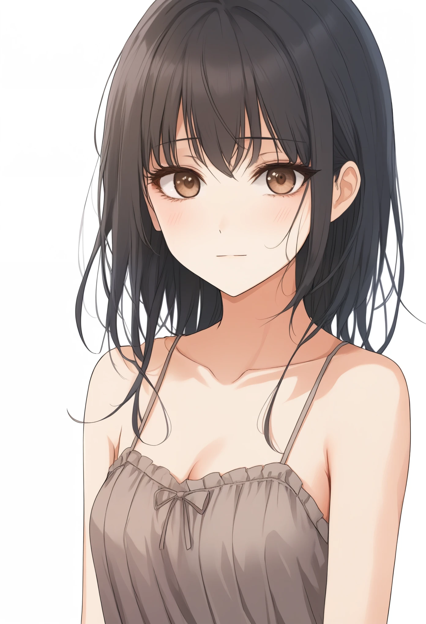 source_anime, score_9, beautiful artstyle, award-winner anime, 1girl, small breasts, young girl, black hair, long hair, grey eyes, (burn scar, scar), innexpressive, bags under eyes, brown dress, sundress, upper body, looking at viewer, white background, simple background, professional art, (((Ultra-HD-quality-details)))