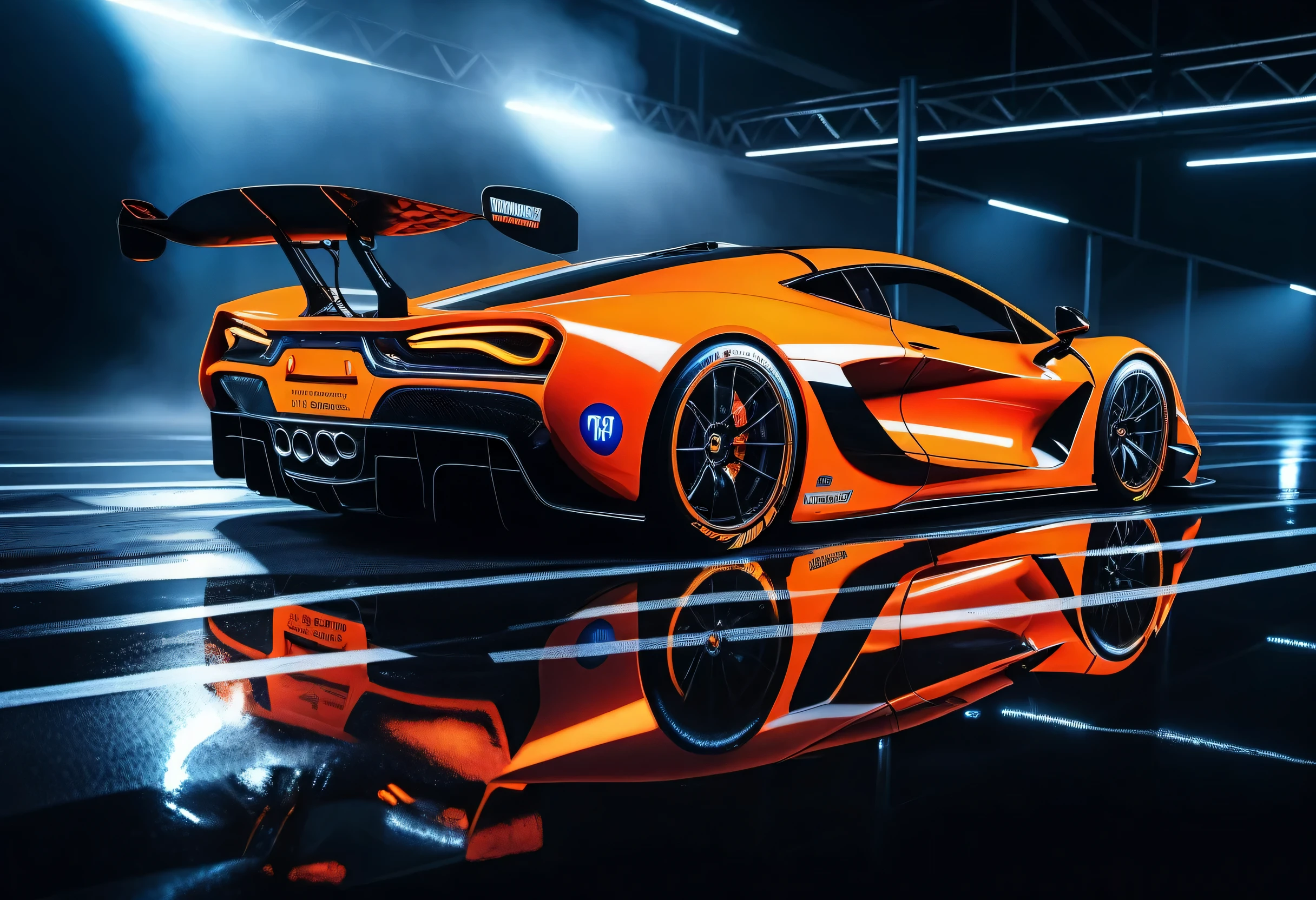 Awe-inspiring and spectacular racing cars, black and orange car paint, every delicate detail and small detail, speed line effect coating, fantastic realism, Illustration of heavy rain scene at night, pale white car lights, Stylish with a sharp white chassis, red glowing wheels, full smoke window, fancy sponsor stickers, movie angle and lighting, Detailed 32K rendering,