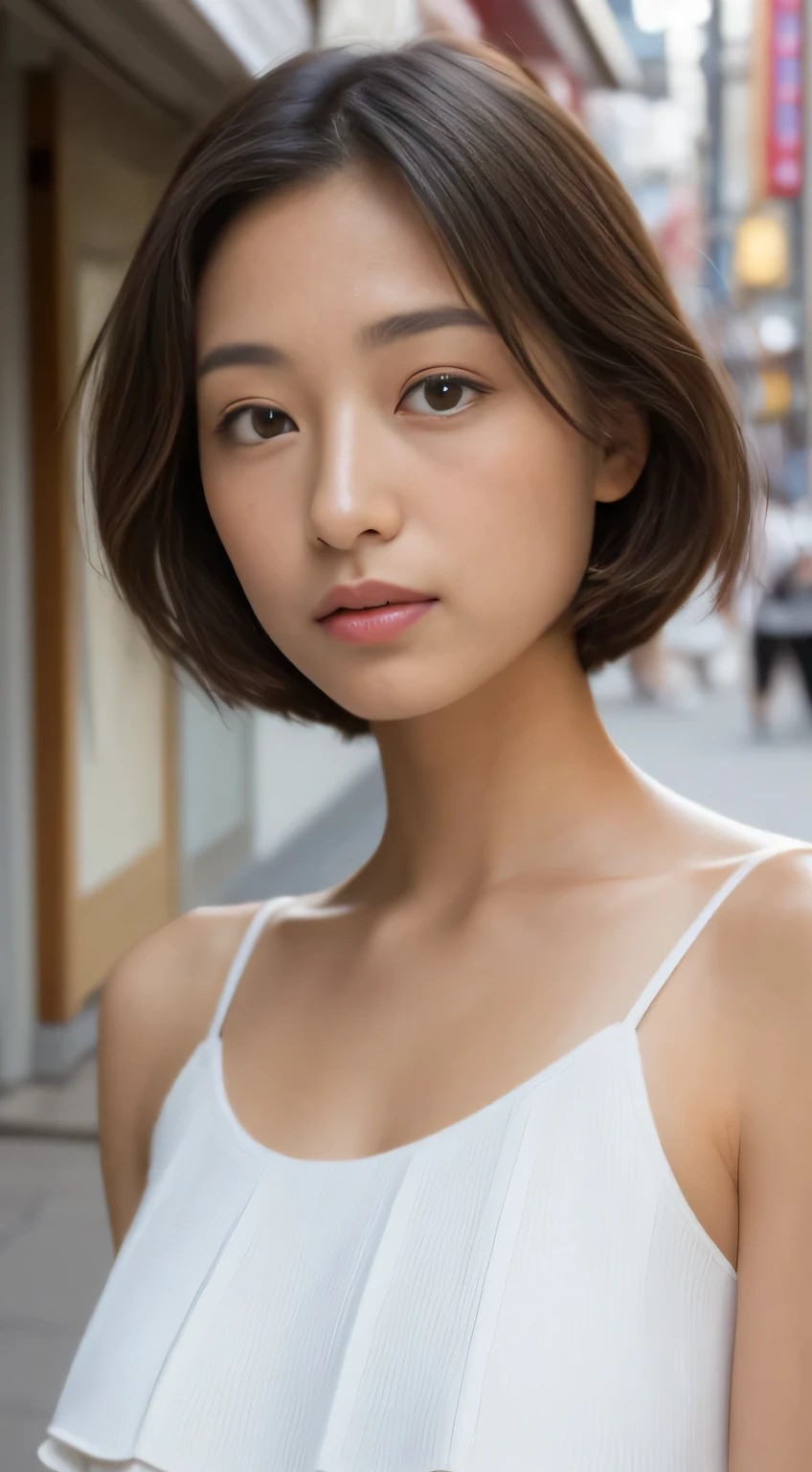 ((highest quality、8K、masterpiece:1.3))、beautiful realistic japanese woman、meeting:1.2、Watch the clock、beautiful woman with perfect body:1.4、slim belly:1.2、((layered haircut、huge bust:1.2))、(perfect anatomy)、 (beautiful limbs、beautiful skin)、 (Sunny:1.2)、(white shirt)、(main street:1.2)、sunlight:1.2、Highly detailed face and skin texture、  detailed eye、double eyelid、sunburned skin、sexy、Sunday in Tokyo、beautiful skin、tanned body、exposed shoulders、gravure、professional photography、