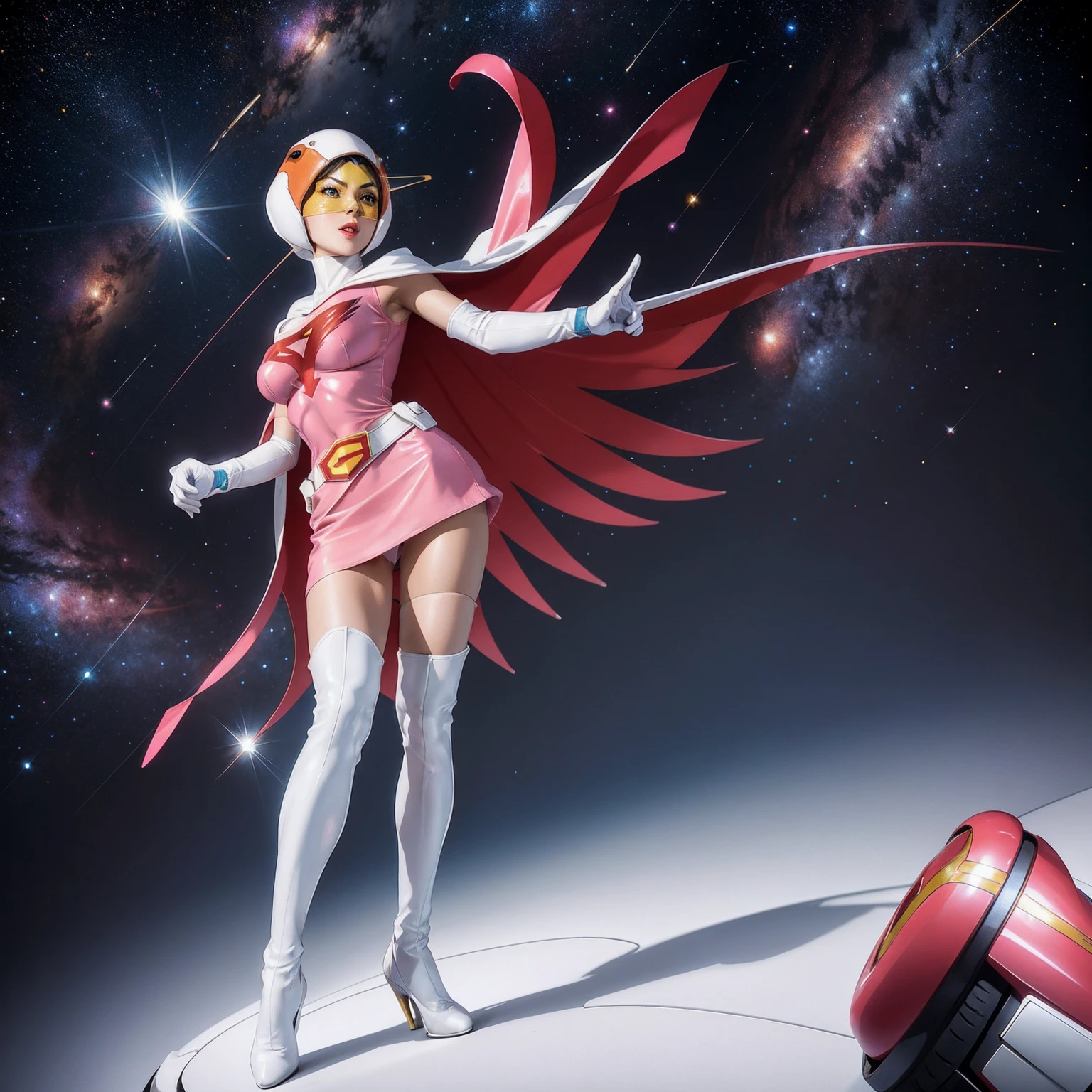 ANI_CLASSIC_jun_gatchaman_ownwaifu,1girl, 15yo,good anatomy, masterpiece, best quality, realistic, hyper realistic, 16k hdr, breasts, large breasts, lipstick, makeup, gloves, cape, helmet, belt, elbow gloves, white gloves, mask, ultra miniskirt, leotard, spacesuit, white tight overknee highheel boots, pink dress, superhero, bodysuit, cleavage, erected nipples,(sexy pose, from below:1.2),(spread legs:1.1),cameltoe