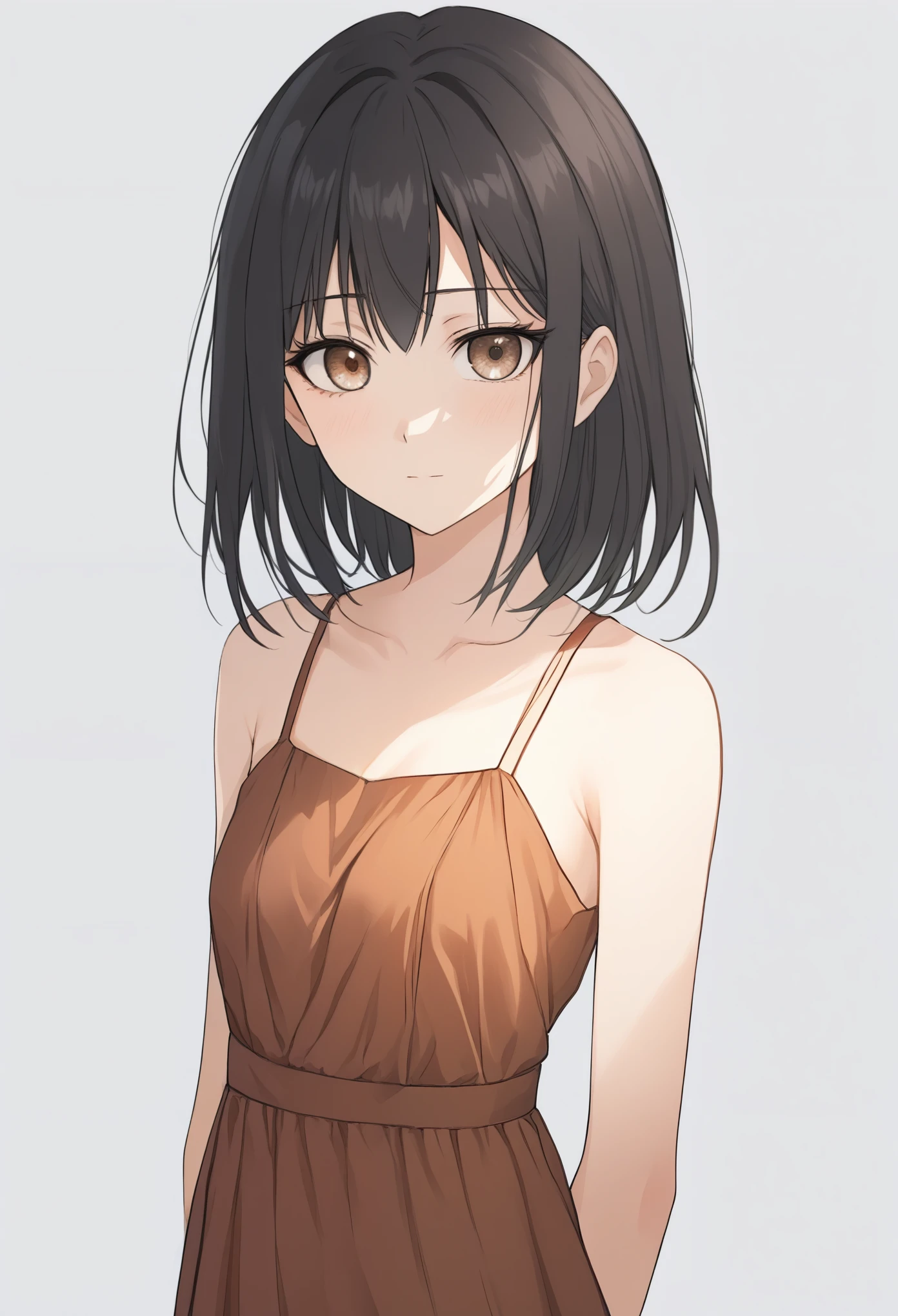 source_anime, score_9, beautiful artstyle, award-winner anime, 1girl, small breasts, young girl, black hair, long hair, grey eyes, (burn scar, scar), innexpressive, bags under eyes, brown dress, sundress, upper body, looking at viewer, white background, simple background, professional art, (((Ultra-HD-quality-details)))