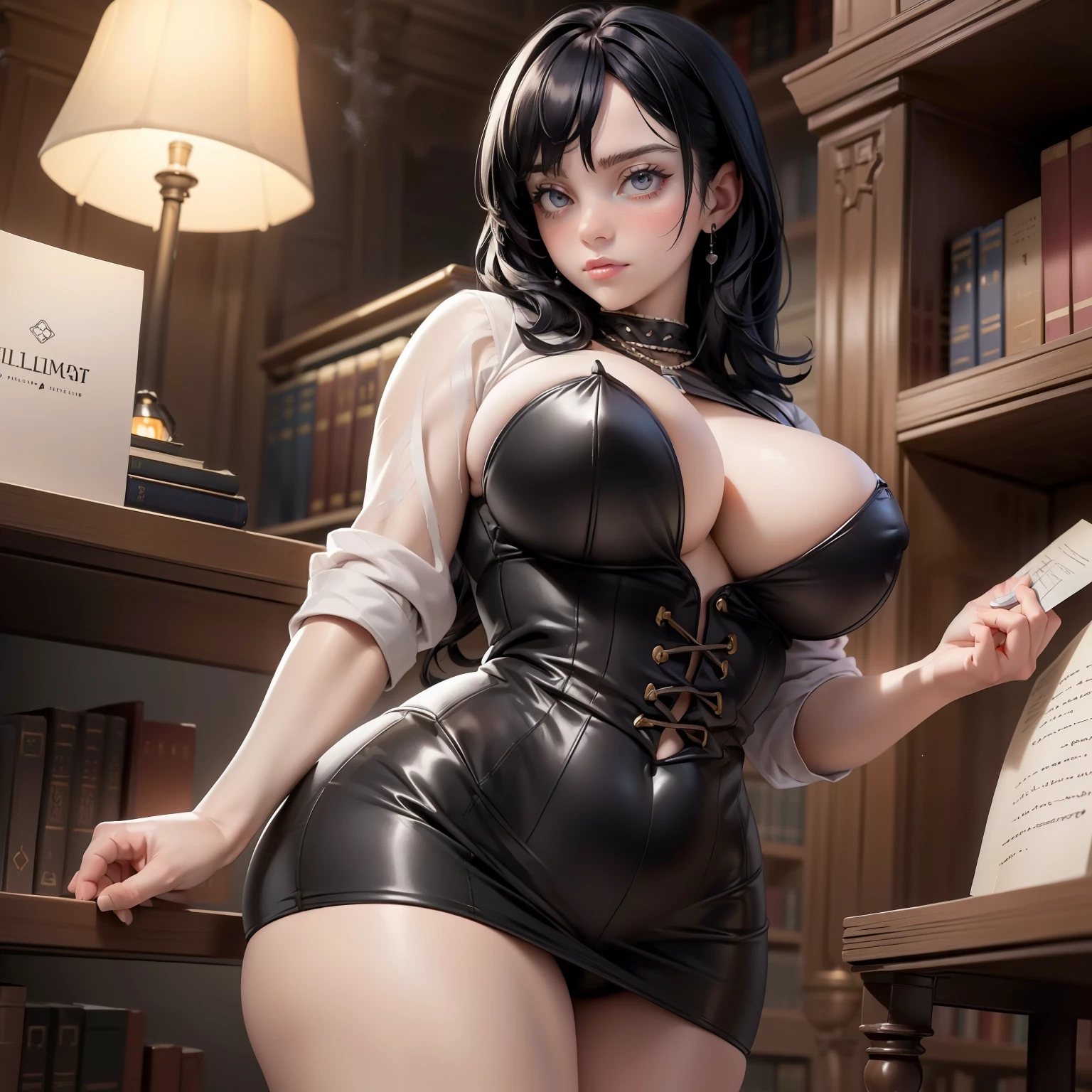 ((Fat goth student)), ((alone in the library)). ((Full and mysterious body: 1.6)), ((Voluminous and striking breasts: 1.7)), ((Robust and firm legs: 1.6)), ((Curvy and attractive waist: 1.7)), ((Generous and enveloping hips: 1.8)), ((Technical and intense expression: 1.5)), ((Erect and confident posture: 1.4)), ((Calm and intellectual library environment: 1.7)), ((Wearing dark, alternative clothing: 1.6)), ((Long, dark hair: 1.5)), ((Shelves full of old books: 1.6)), ((Smell of paper and ink in the air: 1.5)), ((Soft sounds of pages turning: 1.4)), ((Diffuse light from lamps: 1.6)) Visualizing a fat goth student, alone in the library. With a full and mysterious body, voluminous and striking breasts, robust and firm legs, a curvaceous and attractive waist, and generous and enveloping hips. His technical and intense expression reveals his dedication to his studies, while his erect and confident posture conveys his self-confidence. The quiet, intellectual atmosphere of the library involves, matching her dark, alternative clothes, long, dark hair. The shelves full of old books, the smell of paper and ink in the air, the soft sounds of pages turning, and the diffused light from lamps complete the scene.