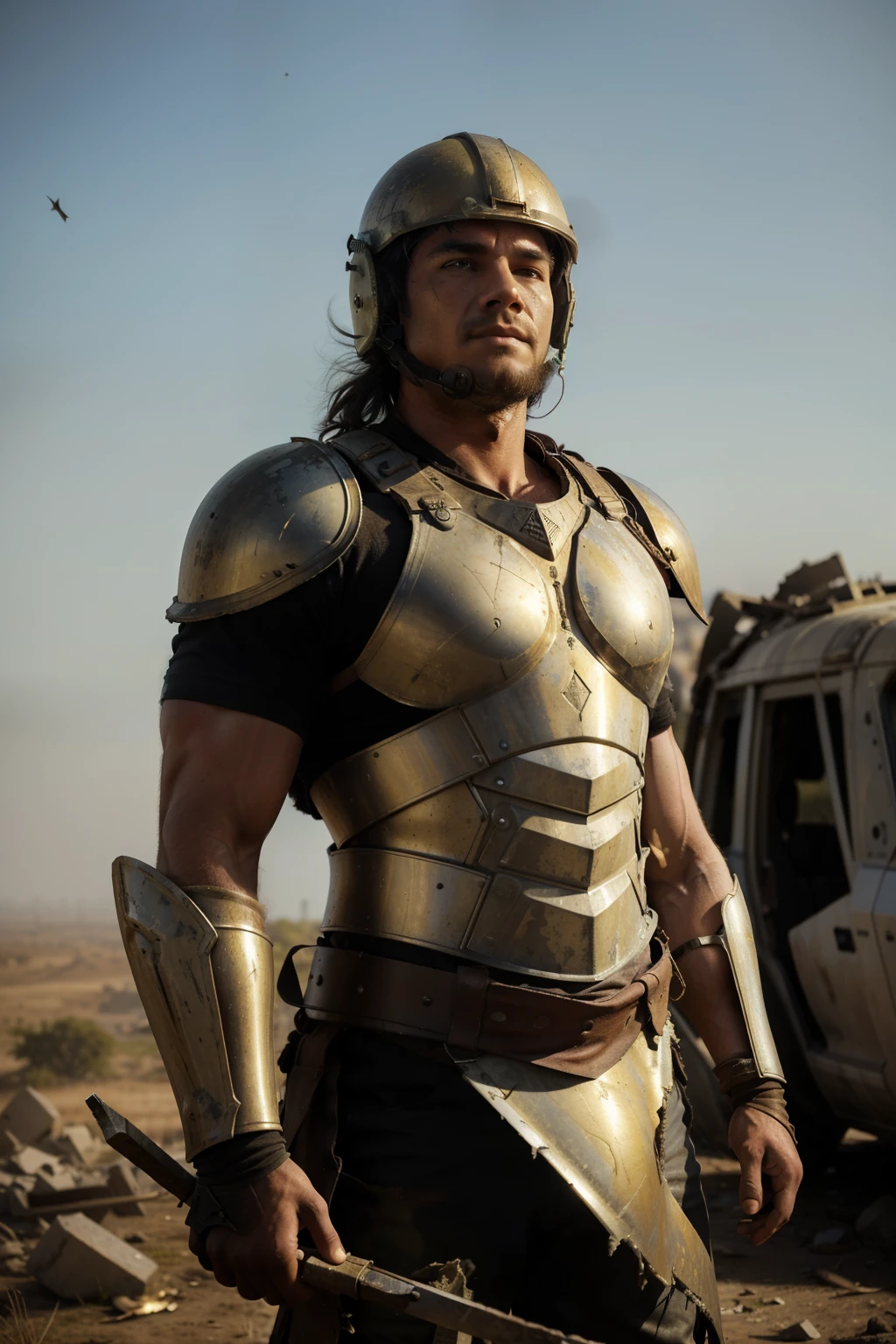 Against a backdrop of ruins and wreckage, a solitary warrior rises, his broad shoulders towards the horizon. His body is tense not with the anticipation of combat, but with the profound sense of relief that permeates the air. With a calculated and precise movement, he slowly raises his gloved hands towards the helmet that covers his head - a worn piece of armor that bears the scars of countless battles and the marks of challenges overcome. Sunlight, filtered through the debris, casts golden shadows over his figure, accentuating the grandeur of his posture.
The warrior takes a deep breath, feeling the weight of the helmet on his shoulders as he lifts it off with care. The metal reson