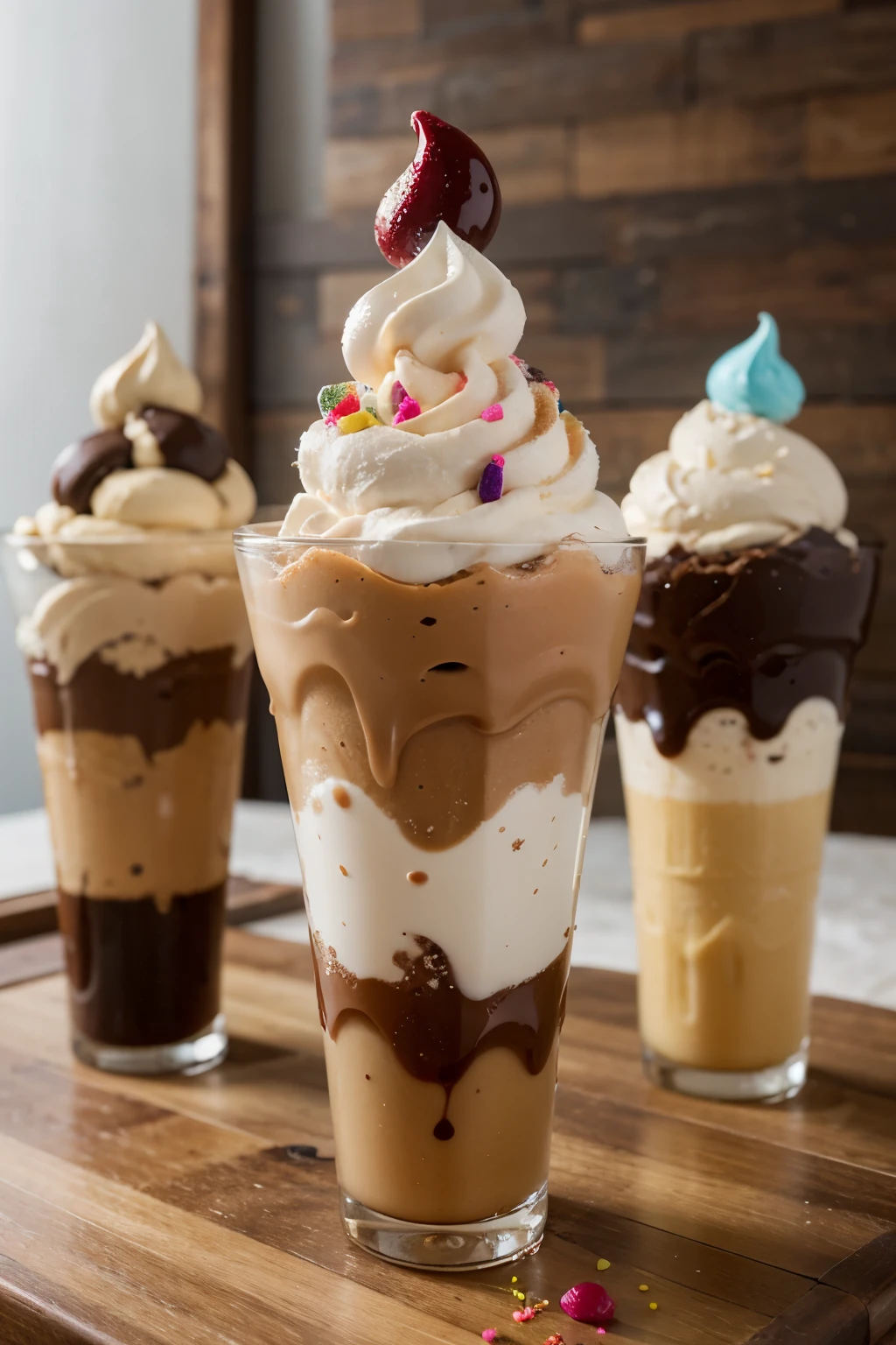 "Generate an image of ice creams showcasing a variety of vibrant flavors and colors, arranged in cones or cups adorned with delicious toppings such as chocolate sprinkles, fresh fruit chunks, and colorful syrups. The ice creams could be displayed on a shiny surface like a rustic wooden table or an ice cream bar, with a palette of bright colors and an enticing presentation inviting to enjoy a refreshing and delightful dessert."