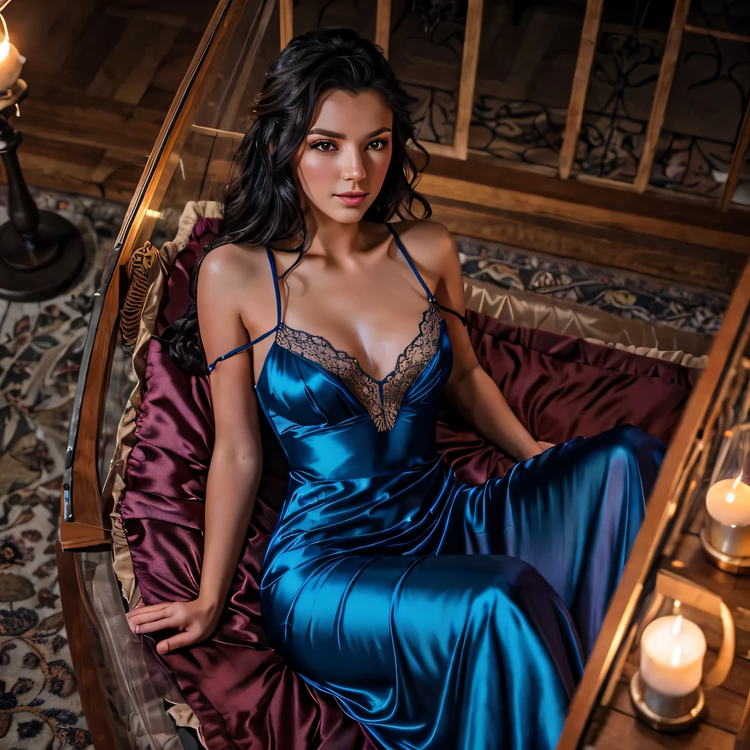 a girl at tha ball,,(bright lighting,romantic setting),dreamy background,,dark hair, mesmerizing gaze, , soft skin, alluring beauty, artistic portrait, high-quality image, vibrant colors,translucent long silk gown, mosquito net, lying down, romantic bedroom,bondage
