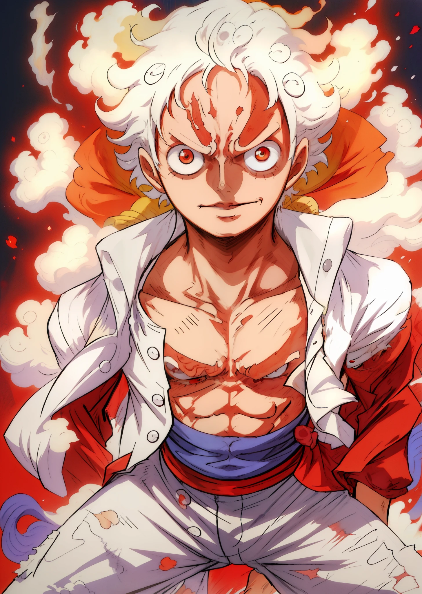 1man, solo, (masterpiece), best quality, ultra-detailed, Monkey D. Luffy from One Piece, gear fifth, white hair, red eyes, Retro style, full body. fashion cloth, jean jacket, fancy.