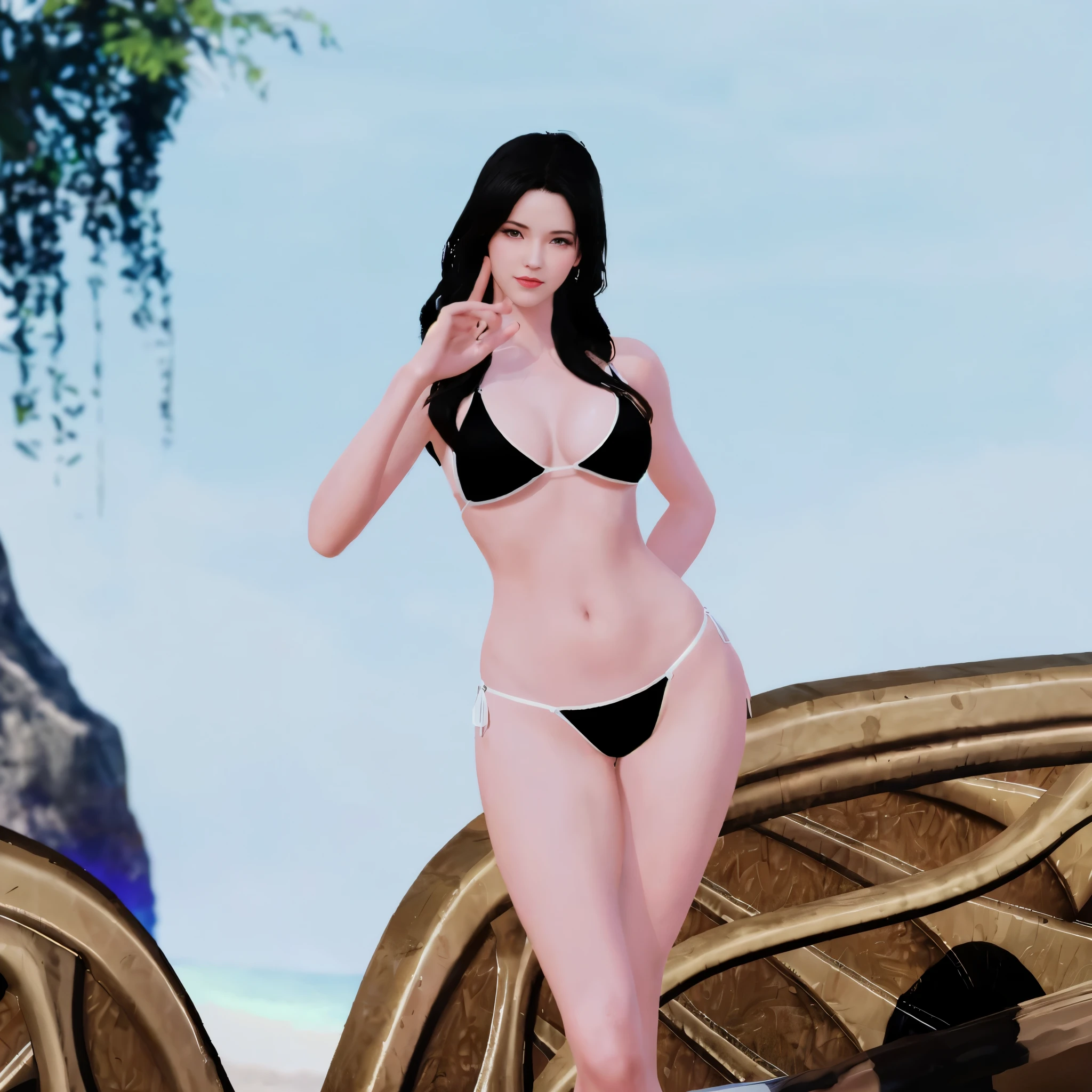 il y a une femme en bikini posant sur un pont, Realistic bikini, inspired by Sim Sa-jeong, Tenue: bikini, corps parfait photoréaliste, realistic shaded perfect body, glamorous Tifa lockheart, Tifa lockhart, Tifa, maillot de bain, elegant pose, thick, is wearing a maillot de bain, Tifa lockheart, black maillot de bain, bikini noir