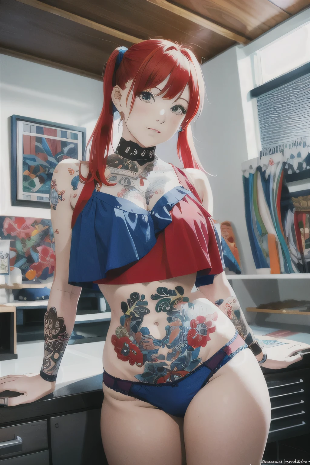 1, Natural female, red hair, pigtails, blue blouse, blue mini-skirt, blue panties, black thighs, (perky tits ), inside the house, fourth, colorful, vivid colors, first work, absurdities, esthetic (tattoo:1.3), voluptuous body, nipples, nsfw