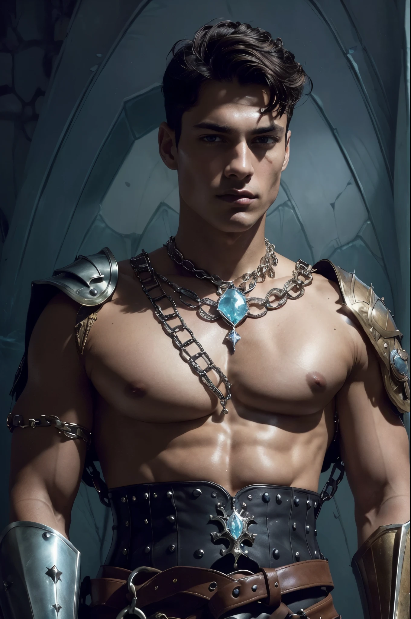 ((best quality)), ((masterpiece)), (detailed), 1boy, thin, greek temple, renaissance, short curly hair, beautiful male face, detailed eyes, muscular chest, topless, golden chain belt, draped cloth sunga, arm ring, detailed skin, realistic, daeni pin style, [Daniel F. Gerhartz style::0.5], uhd image, hires, 8k, semi-realistic, epic lighting, sharp focus, realistic, romantic,