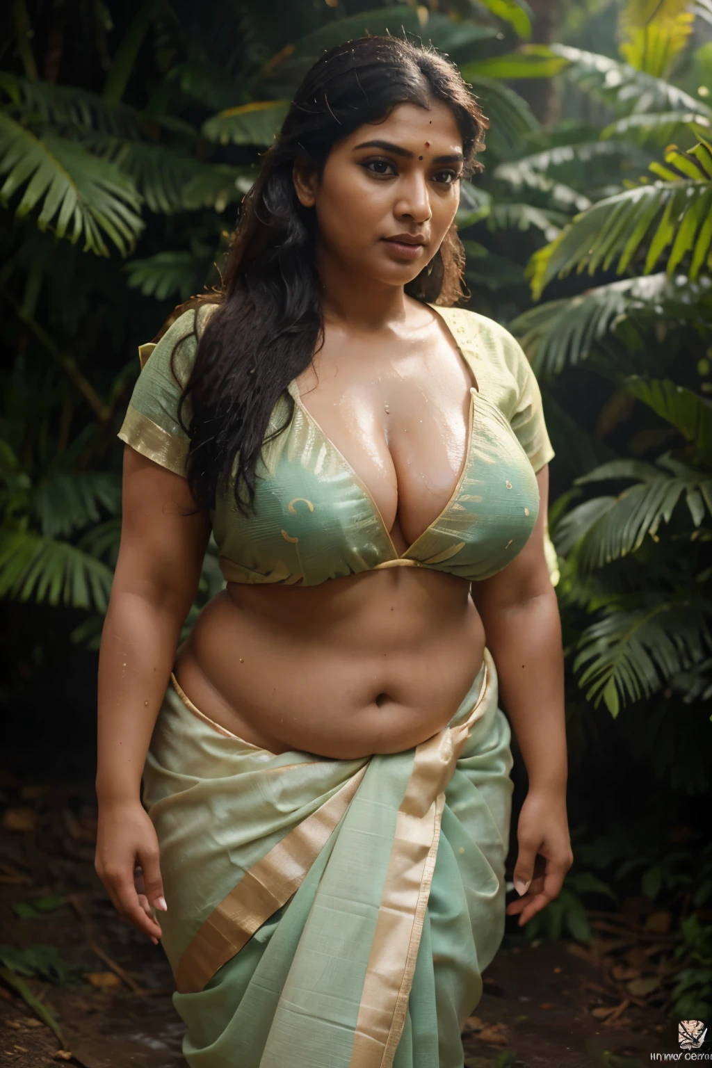 Photo of a kerala village aunty (like Amazon woman), 30 years old,hottest, wearing saree (Indian Saree), rain bathing n forest, chubby voluptuous plus size, thick thigh, wet amazon,busty saggy breast : 2.5, clear face,full body, glamourous, daylight, r4w photo, masterpiece, ((((Extremely Realistic)))), Realism, Raw photo, Photography, High detailed , photorealistic, shot on sony vanice camera,DDRFashion ,fire bokeh,DDRFashion